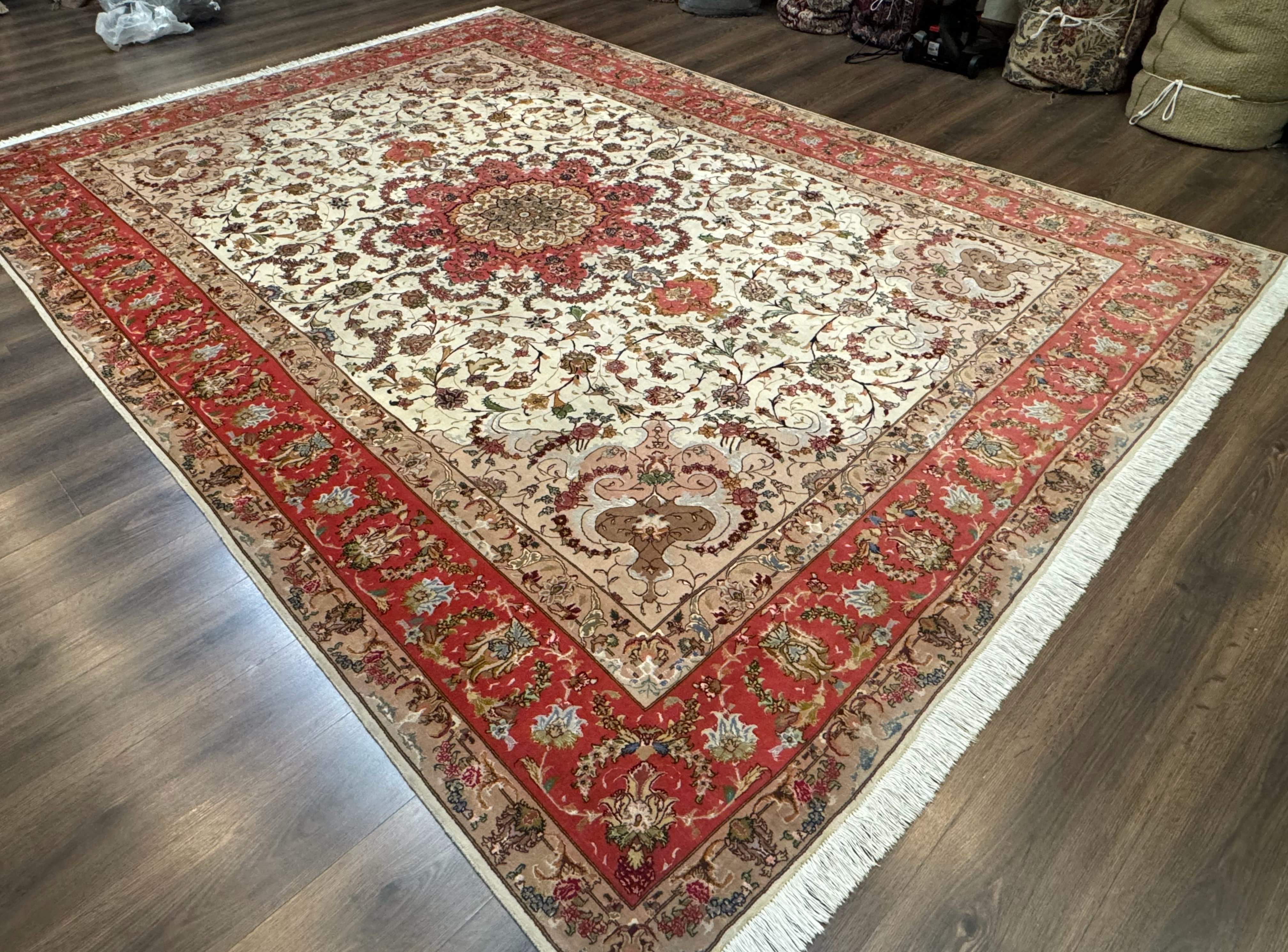 Persian Tabriz Rug 8x12 – Ivory and Coral Red, Hand-Knotted Wool Fine Carpet - Jewel Rugs