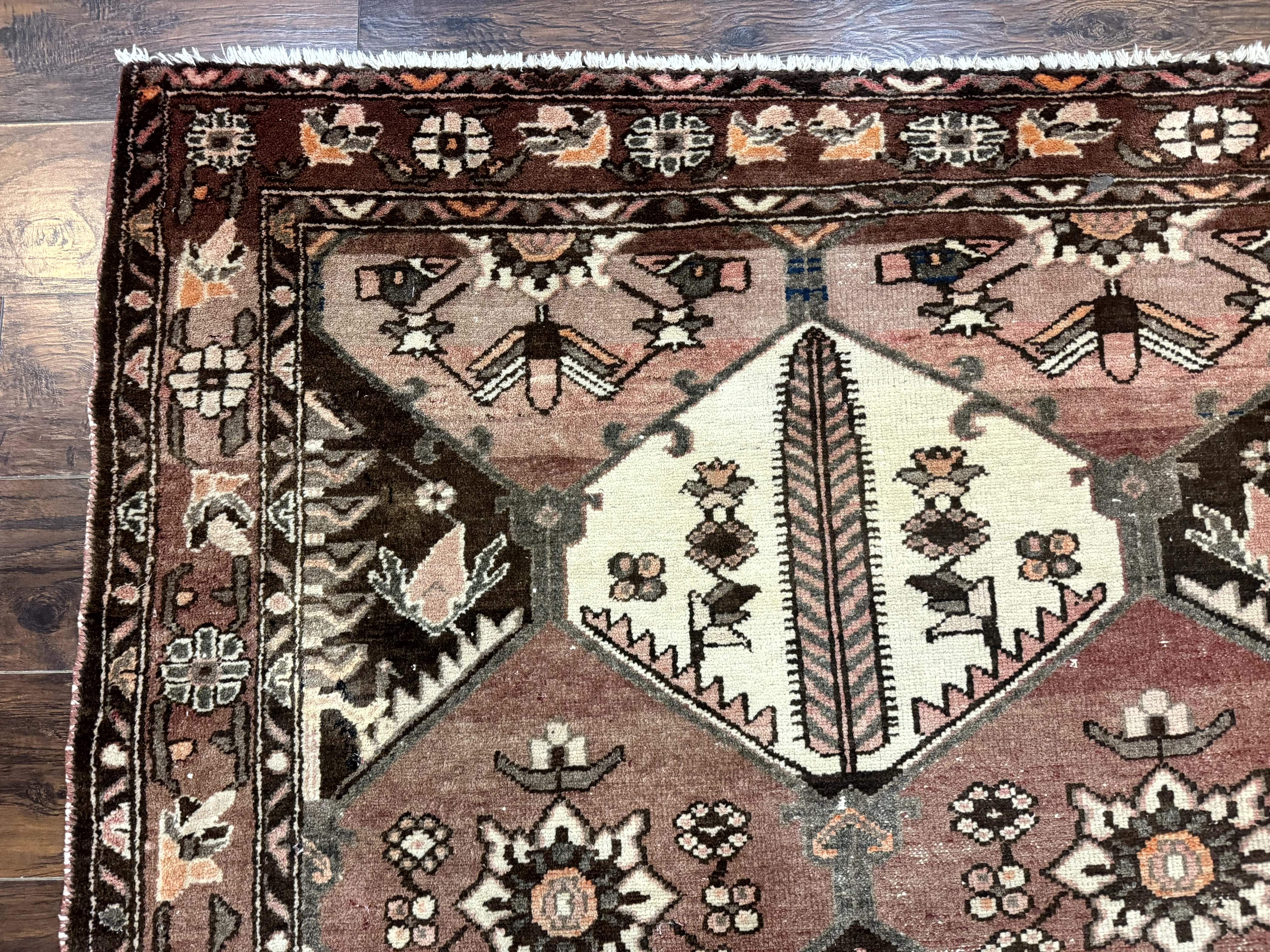 Persian Bakhtiari Rug 5x7 – Muted Rose and Cream, Wool Tribal Carpet, Geometric Panel Design - Jewel Rugs