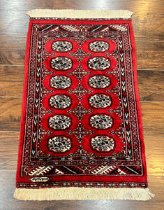 Small Red Pakistani Bokhara Rug 2x3, Signature from Master Weaver, Hand Knotted Vintage Handmade Wool Turkoman Carpet, Traditional Area Rug