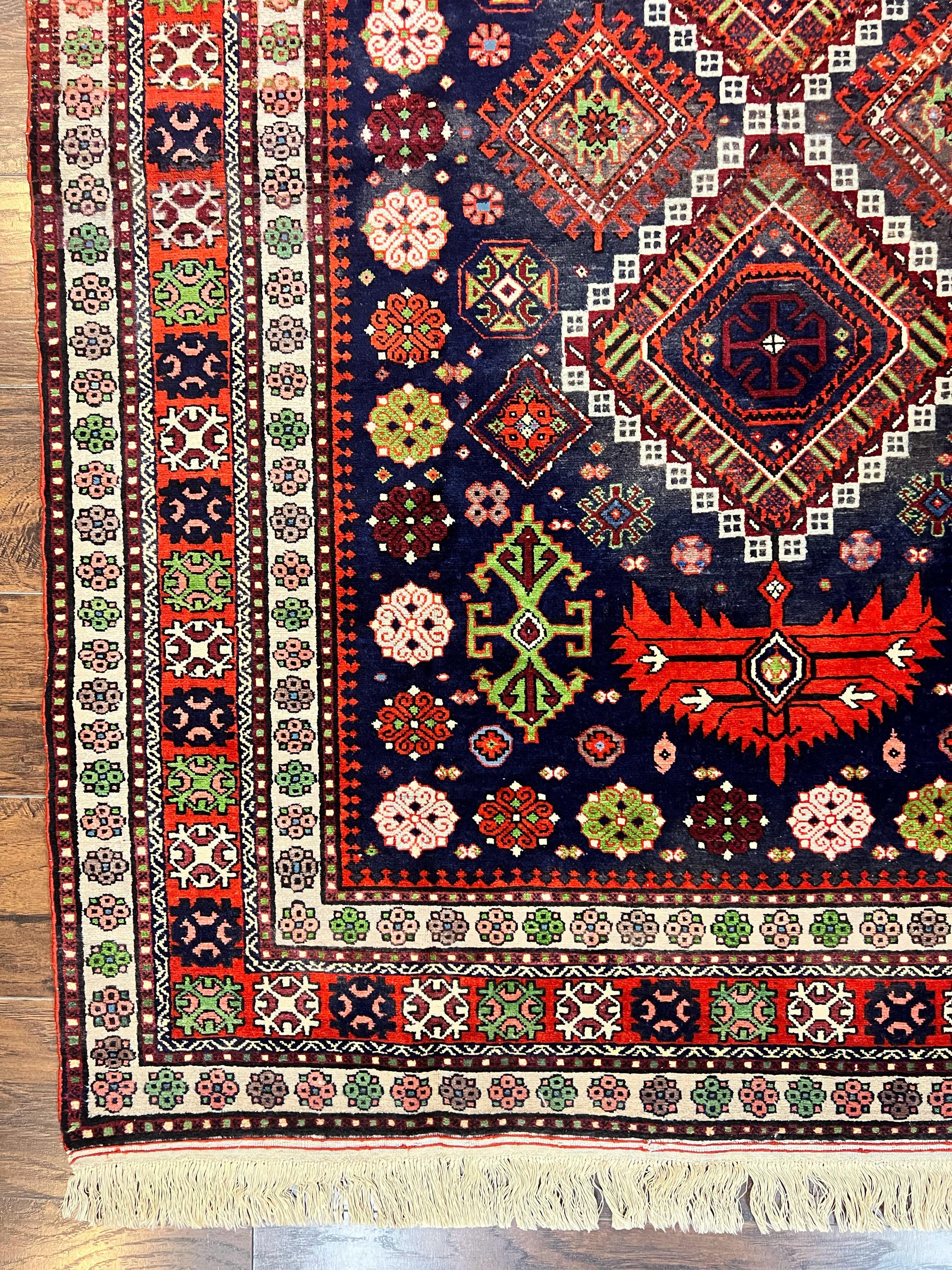 Persian Afshar Tribal Rug 5x6, Geometric Pattern, Navy Blue Multicolor Antique Vintage Persian Carpet, Hand Knotted Handmade Wool Rug - Jewel Rugs