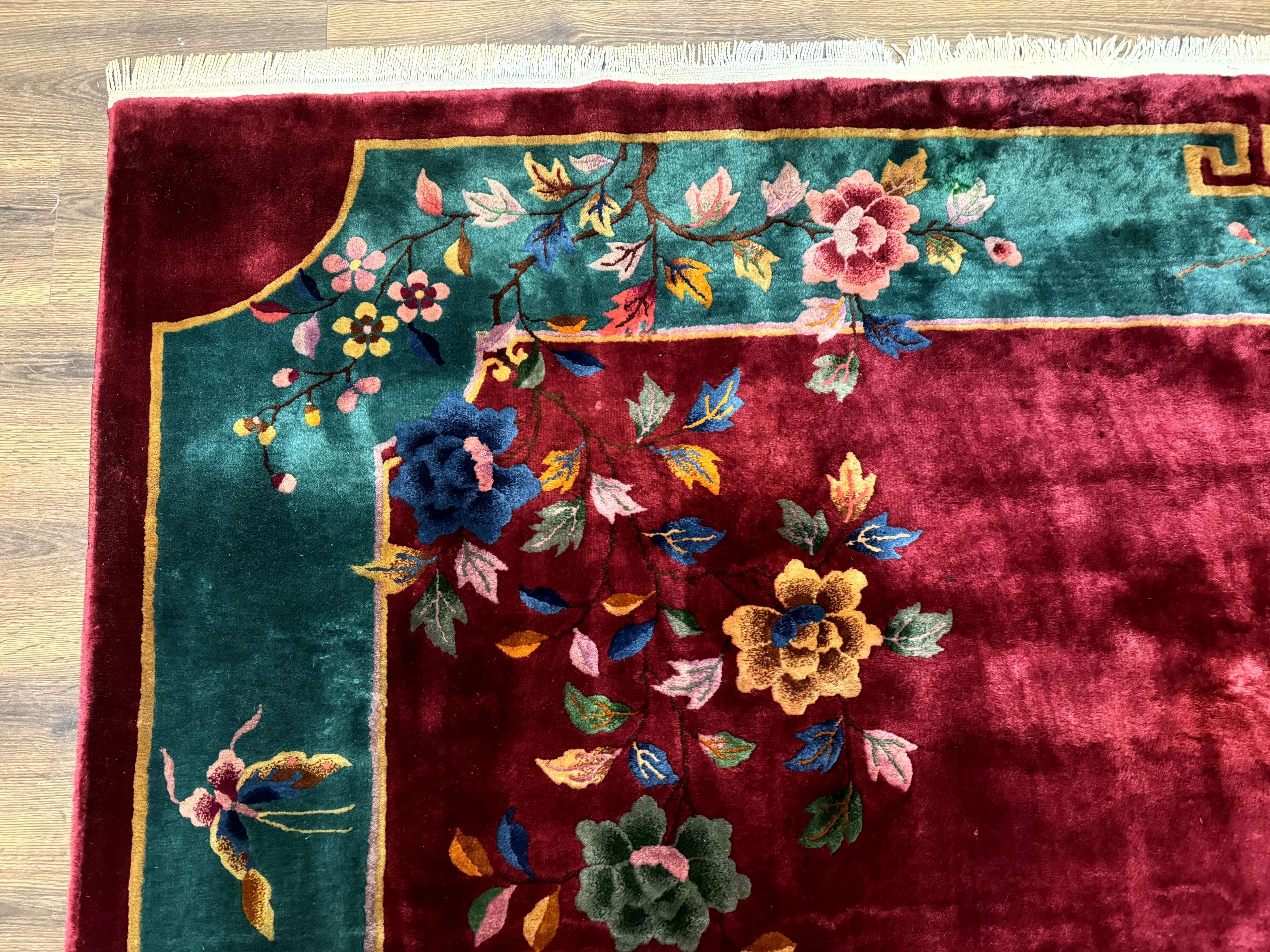 Antique Chinese Art Deco Rug 9x11, Rare, Nichols Rug, Cherry Red and Green, Chinese Wool Carpet - Jewel Rugs