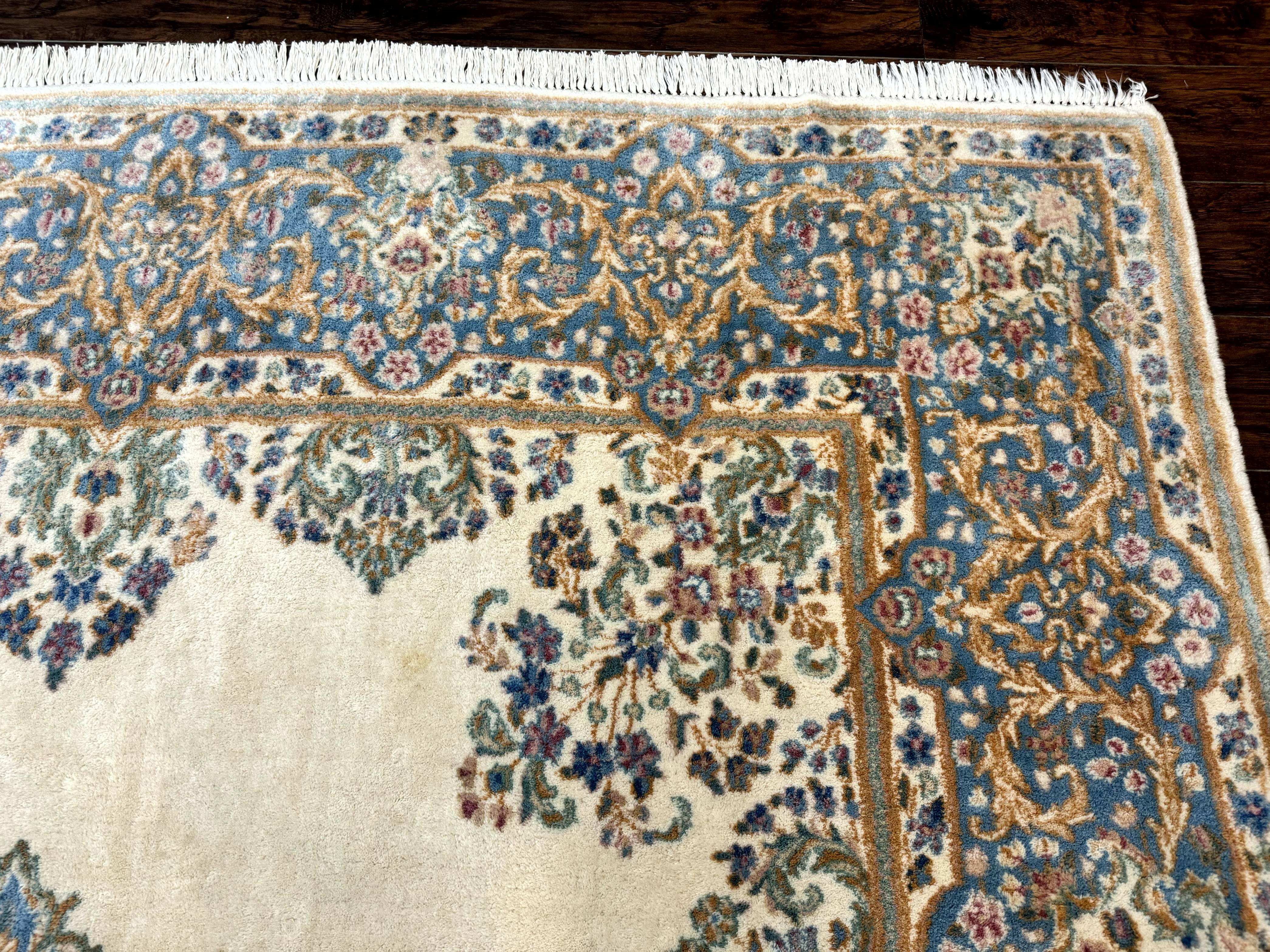 Persian Floral Kirman Rug 8x10, Ivory/Cream and Light Blue, Pastel Colors, Handmade Vintage Wool Carpet, Semi Open Field - Jewel Rugs