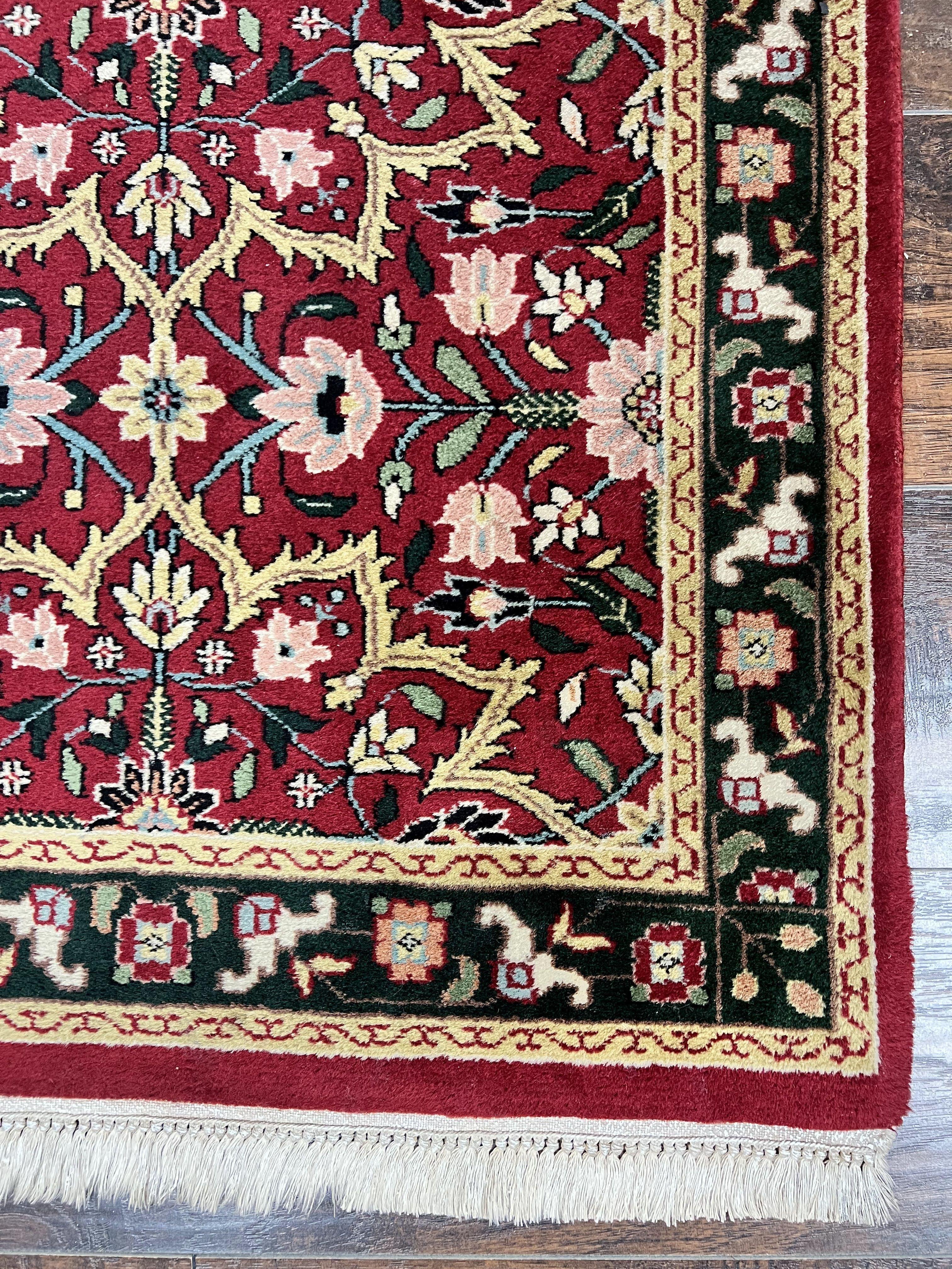 Indo Sarouk Runner Rug 2.6 x 10 ft, Floral Hand Knotted Wool Handmade Vintage Indian Hallway Rug, Red Tan Black, 10ft Persian Runner - Jewel Rugs
