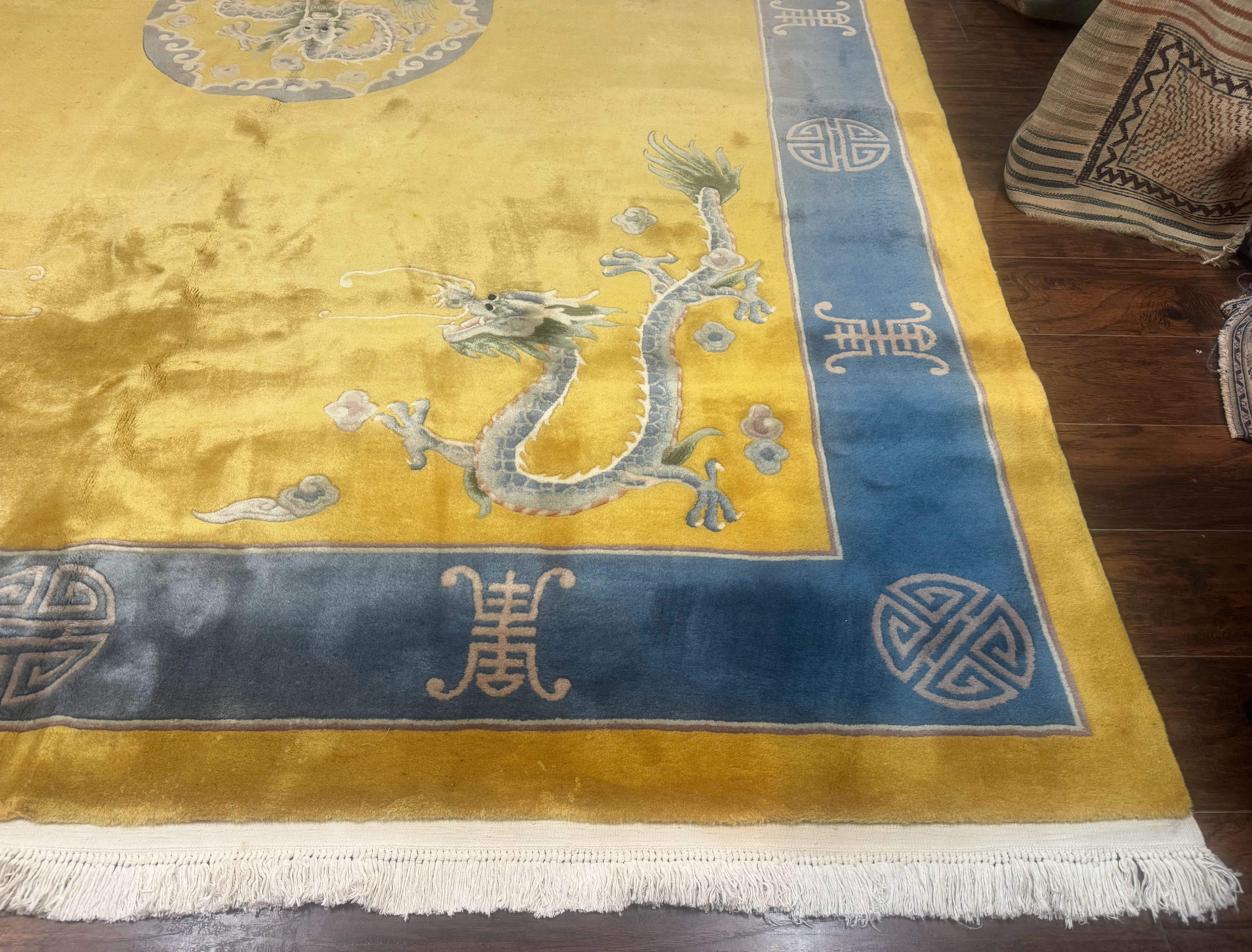Chinese Wool Rug 9x12, Dragons and Center Medallion, Minimalistic Design, Gold and Light Blue, Peking Rug, 90 Line - Jewel Rugs