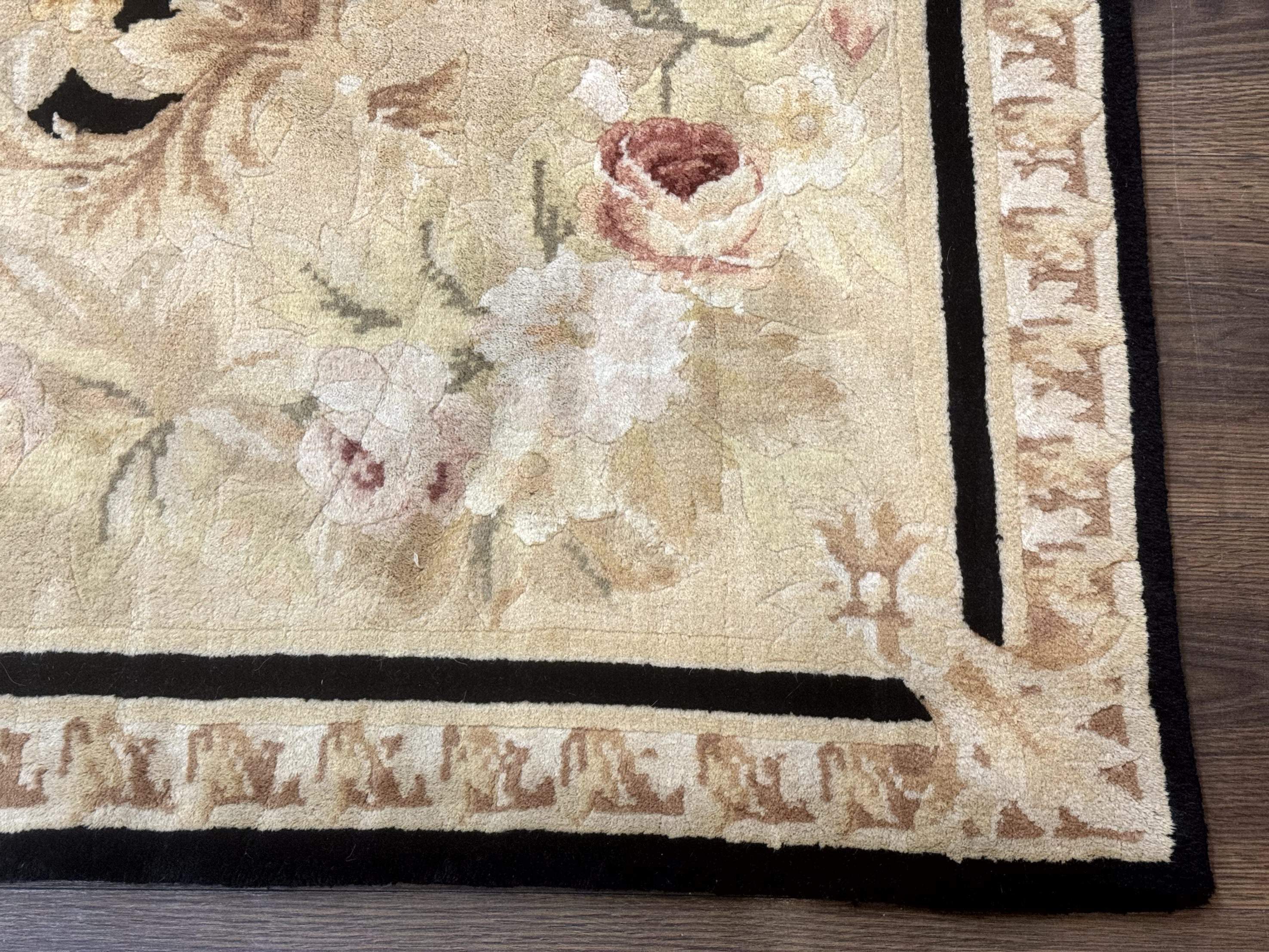 Chinese Aubusson Rug 6x9, Wool Pile, Black, Floral, Elegant - Jewel Rugs
