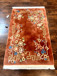 Chinese Wool Rug 4x6, NIchols Carpet, Chinese Carving Rug, Asian/Oriental Rug, Pale Orange-Red, Floral, Handmade, Vintage