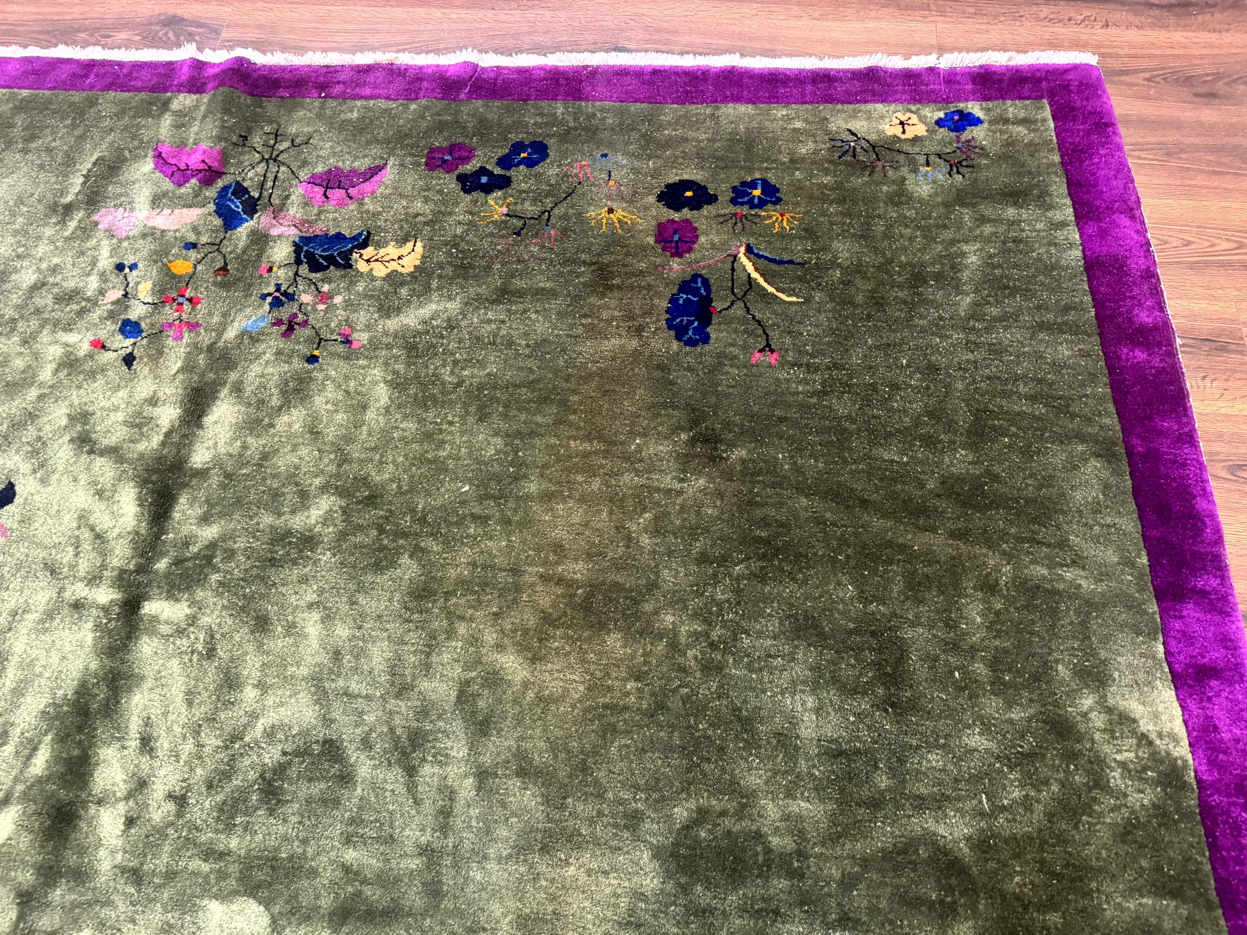 Antique Chinese Nichols Rug 9x12 - Rare Green and Purple Art Deco Carpet - Jewel Rugs