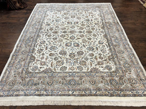 Indo Persian Rug 8x10, Floral Allover, Ivory and Gray, Handmade Vintage Wool Carpet