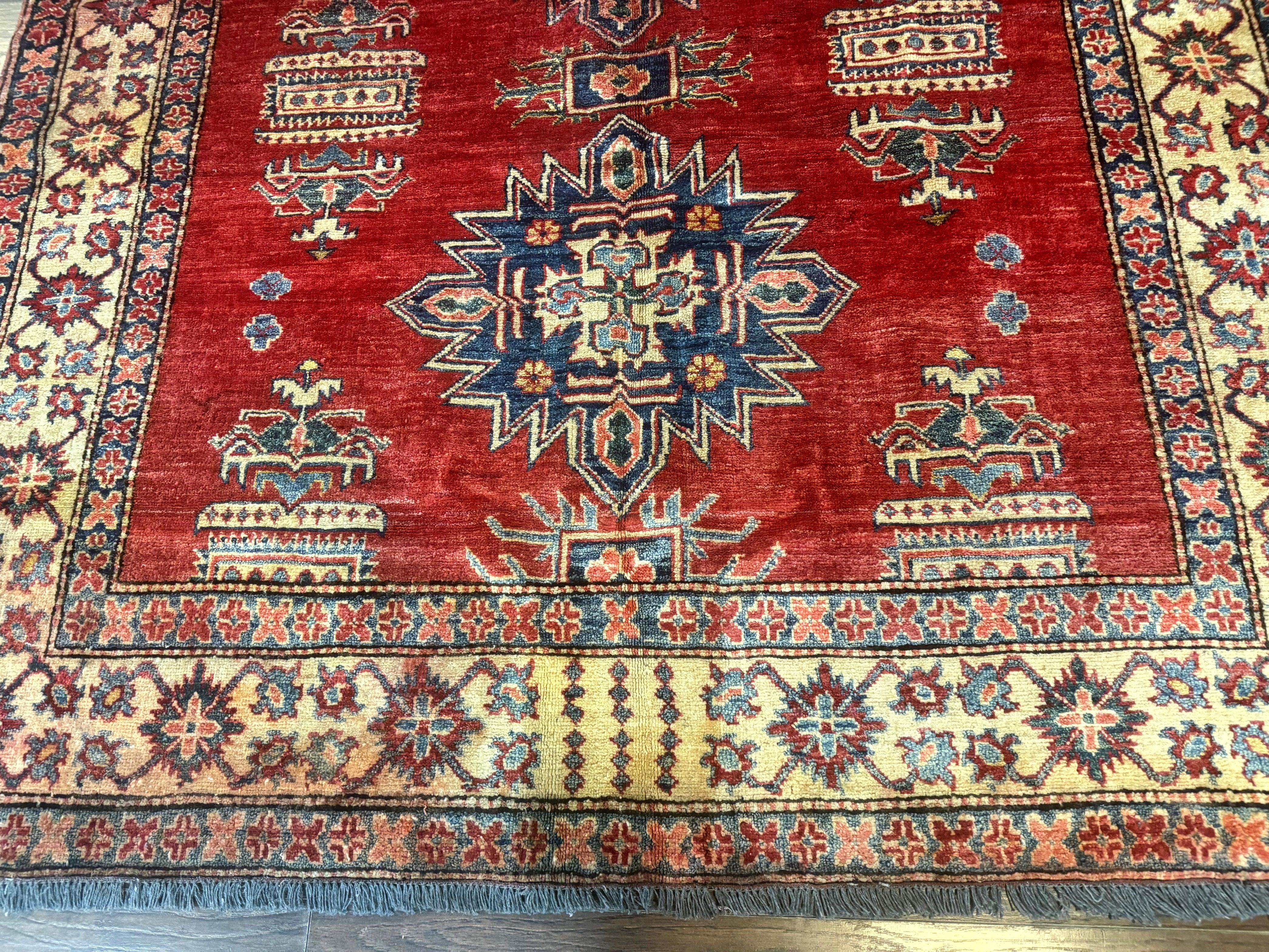 Square Turkish Rug 6x6, Azerbaijani Azeri Turkish Armenian Rug, Red Tan Blue, Geometric, Wool Carpet - Jewel Rugs