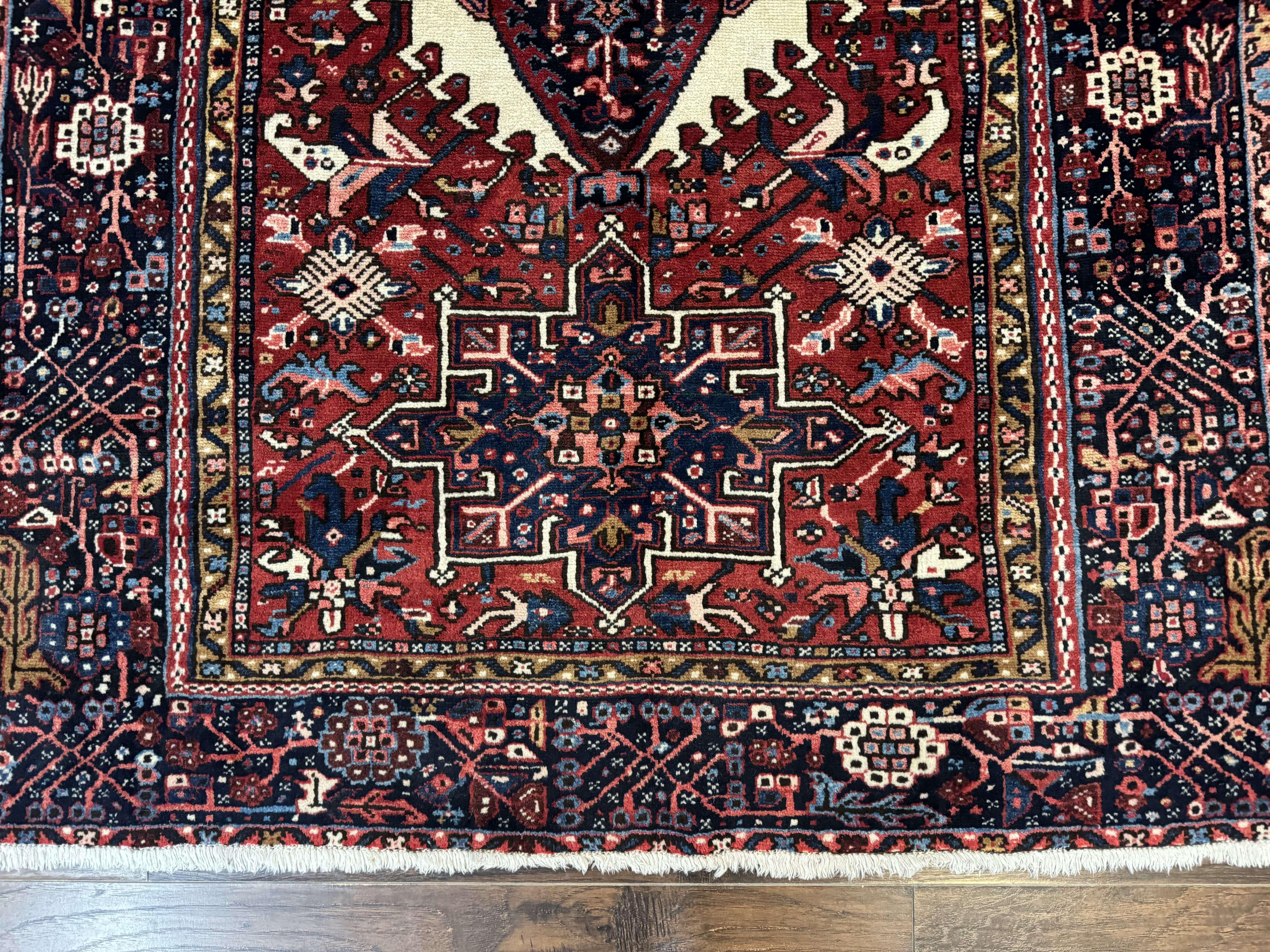 Persian Karajeh Rug 5x6, Antique Heriz Carpet, Geometric, Persian Tribal Rug, Brick Red Navy Blue - Jewel Rugs