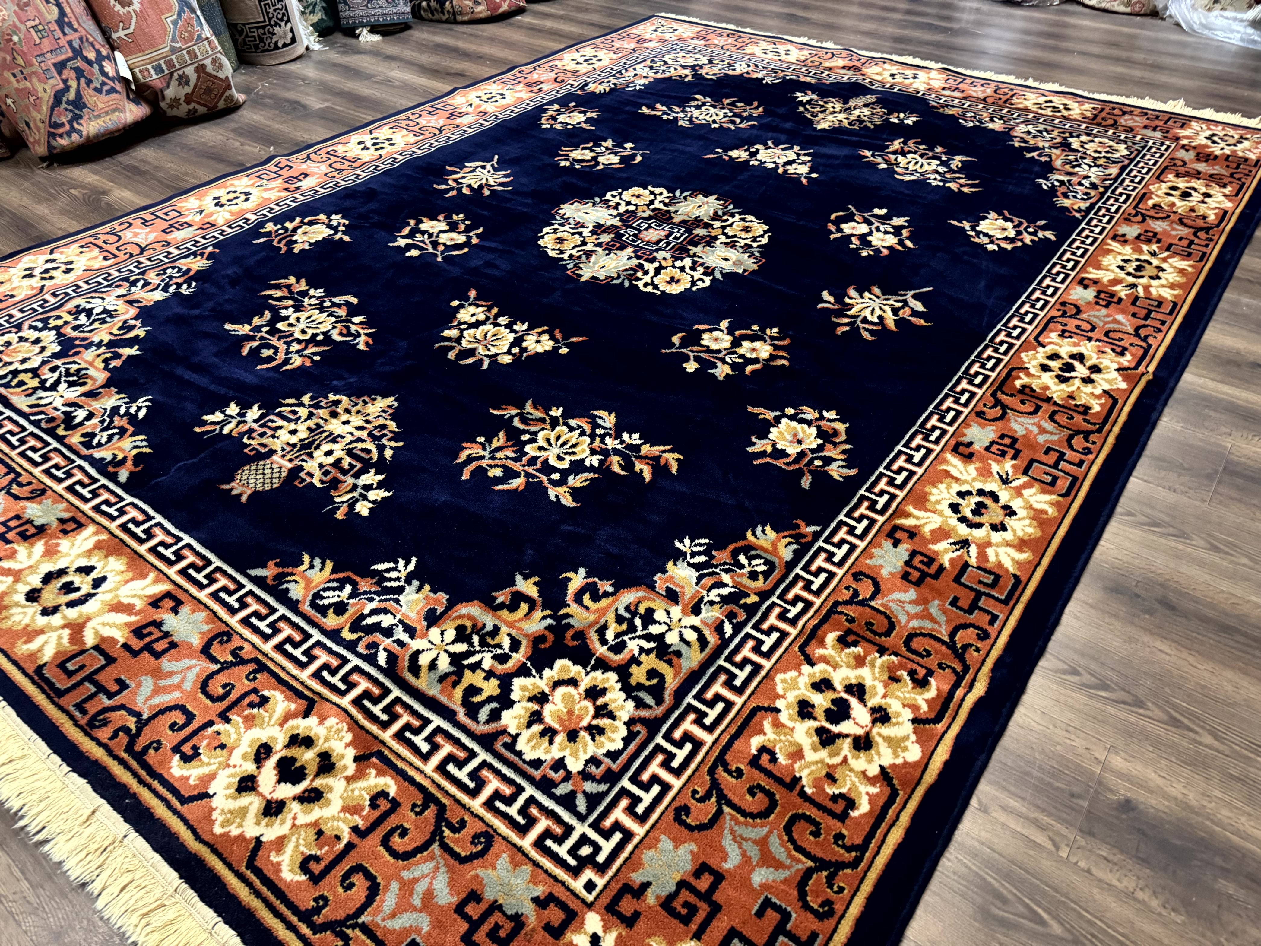 Chinese Wool Rug 8x11, Navy Blue and Terracotta, Floral, Couristan Belgium Power Loomed Carpet - Jewel Rugs