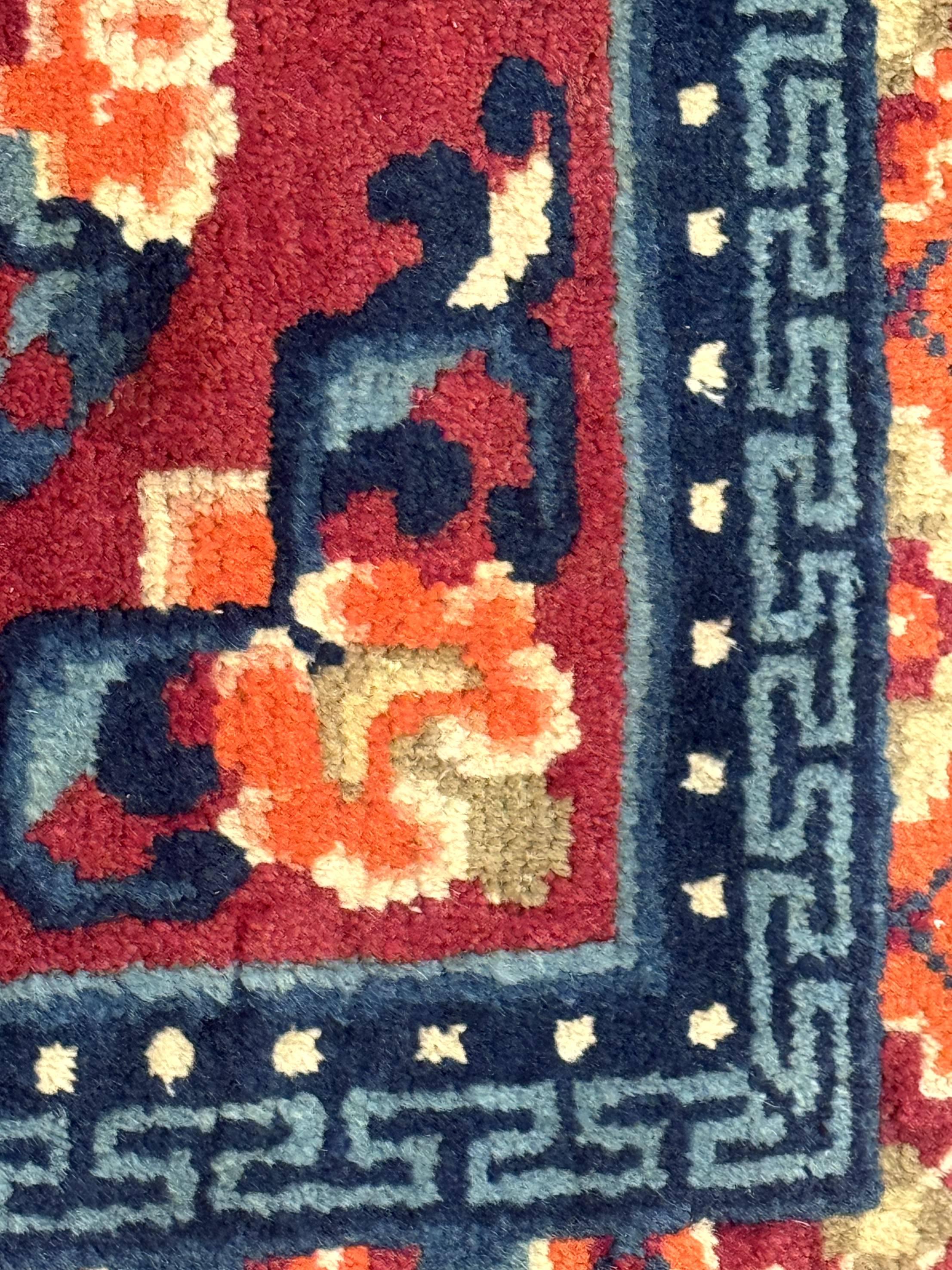 Small Antique Chinese Square Rug 2x3, Tibetan Rug, Red Orange Blue, 1920s Rug - Jewel Rugs