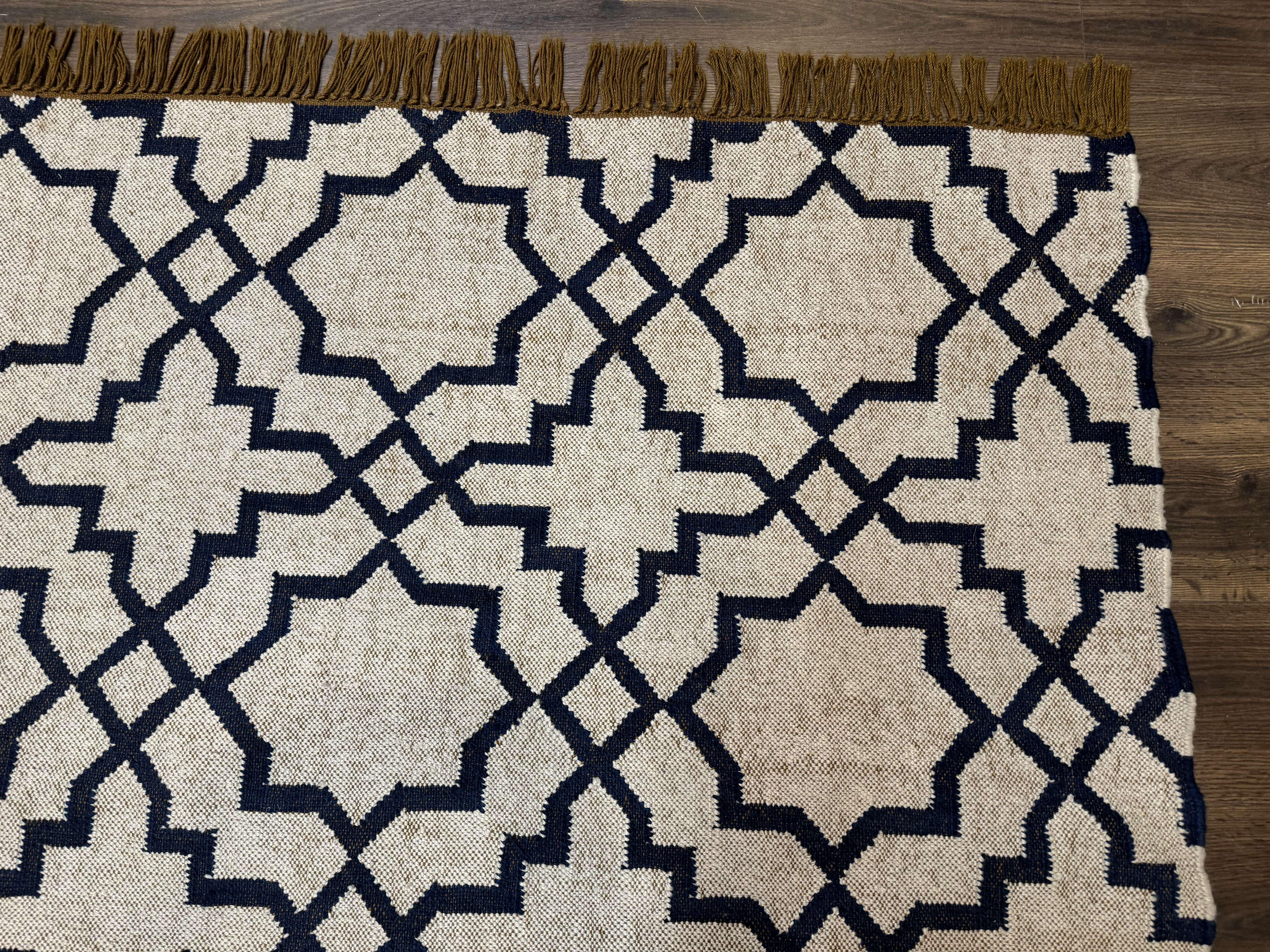 Indian Kilim Rug 8x10, Oat and Navy Blue, Dhurrie Carpet, Handmade, Wool - Jewel Rugs