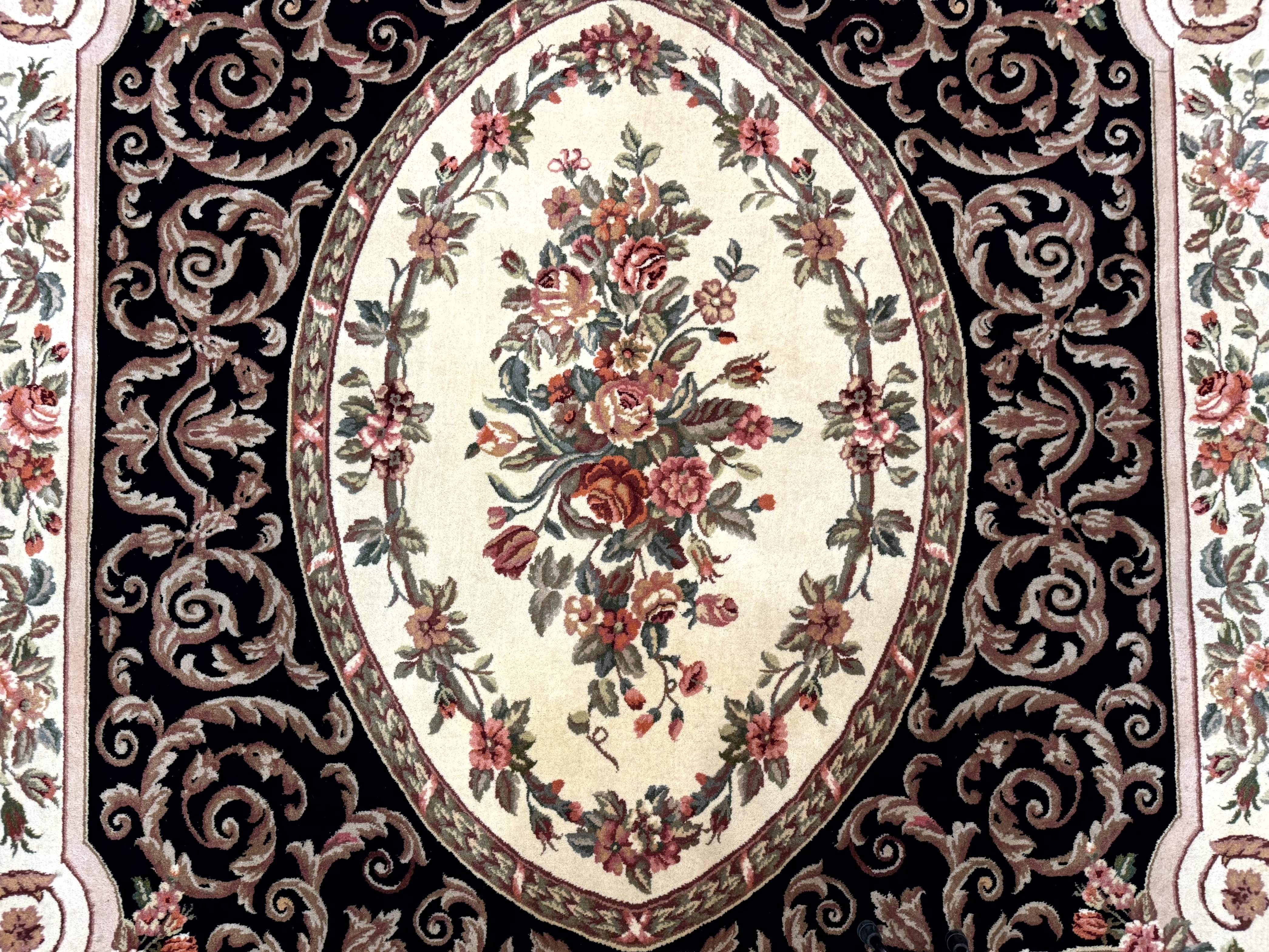 Aubusson Rug 8x10 – Black and Ivory, Hand-Knotted Wool, Vintage Carpet - Jewel Rugs
