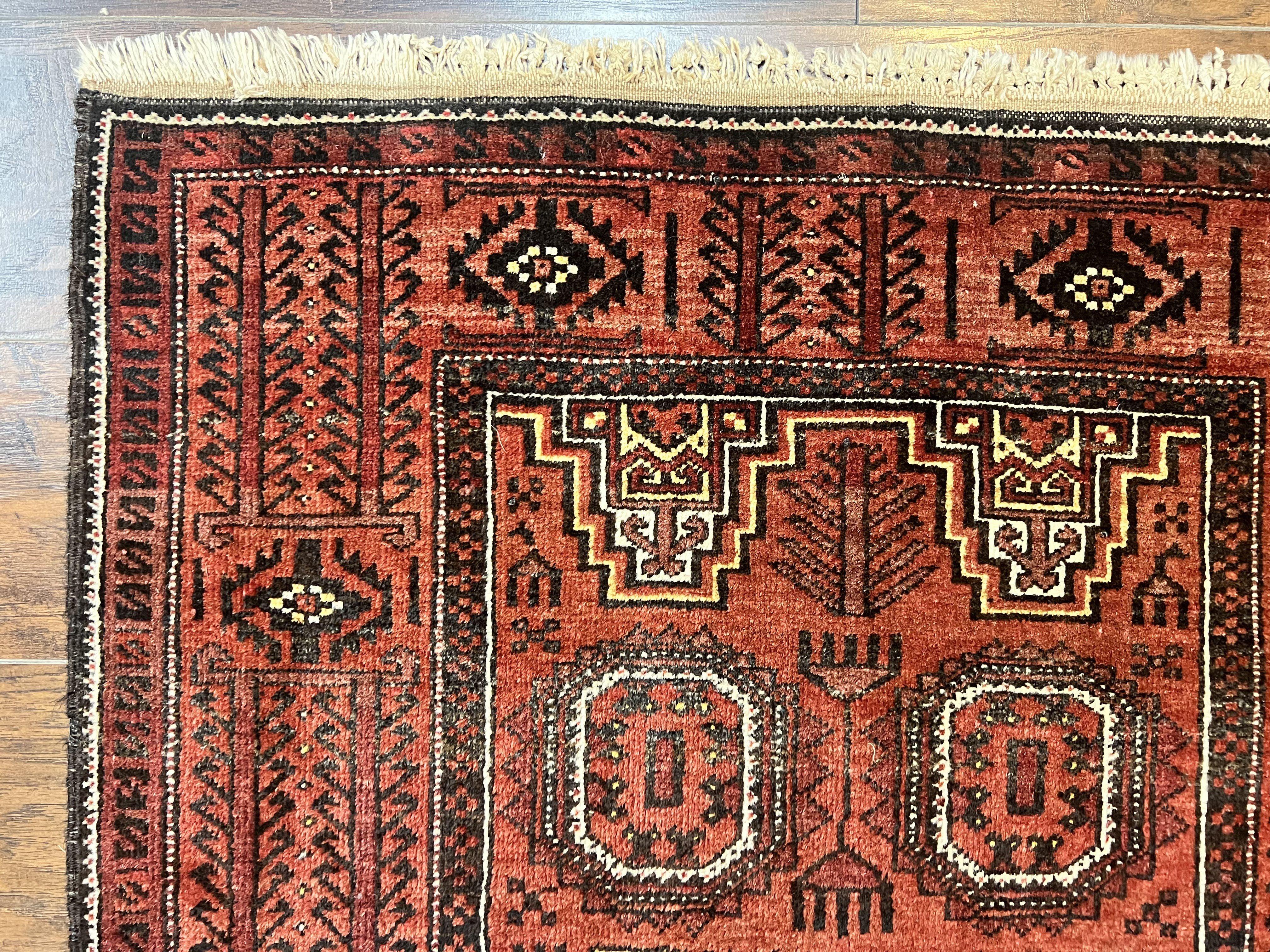 Antique Persian Turkoman Rug 3x6, Wool Tribal Handmade Carpet, Red and Black - Jewel Rugs