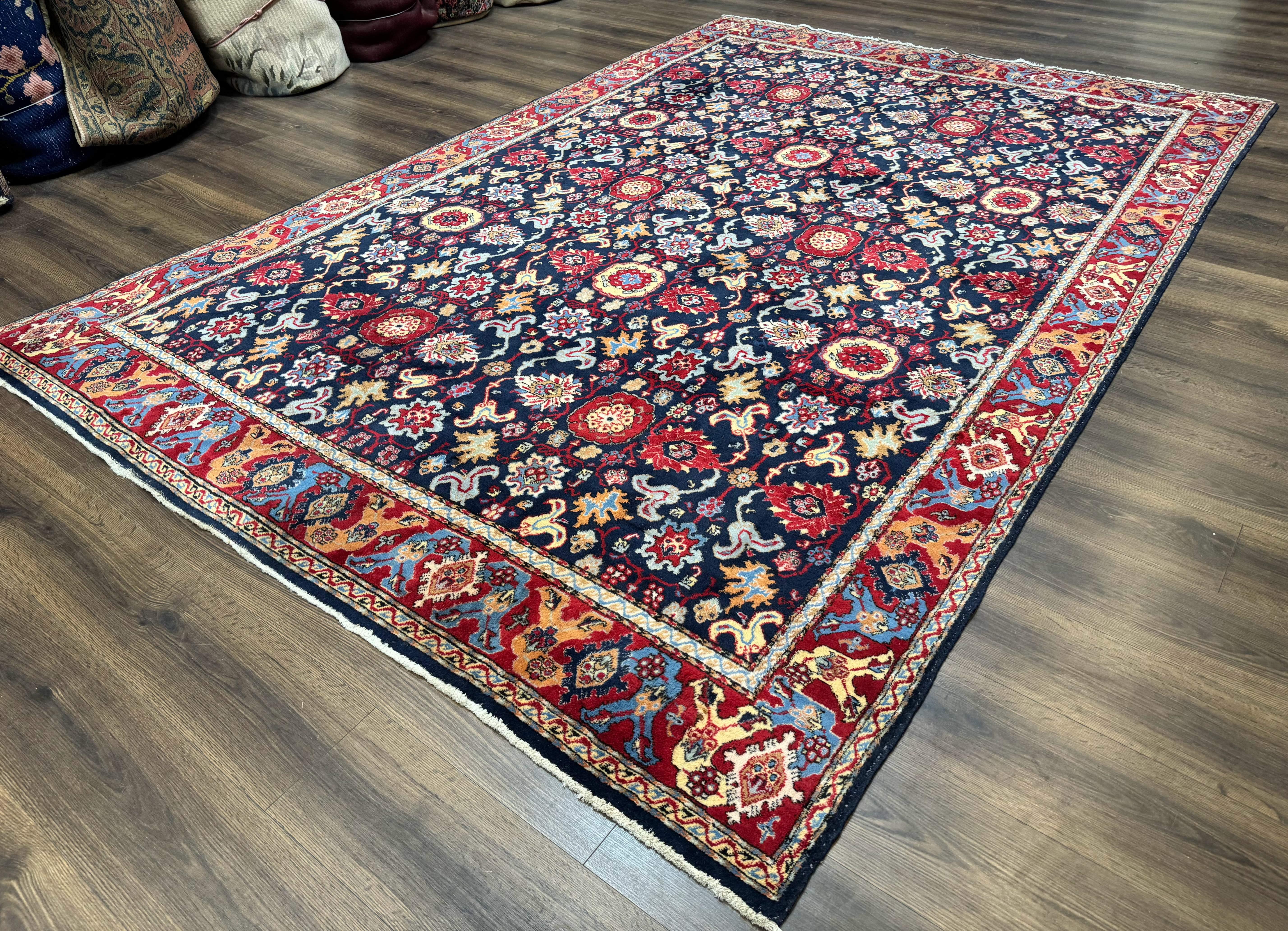 Persian Sarouk Mahal Rug 7x11, Navy Blue Multicolor Colorful Persian Carpet, Mina Khani Allover Pattern, Vintage Persian Rug - Jewel Rugs