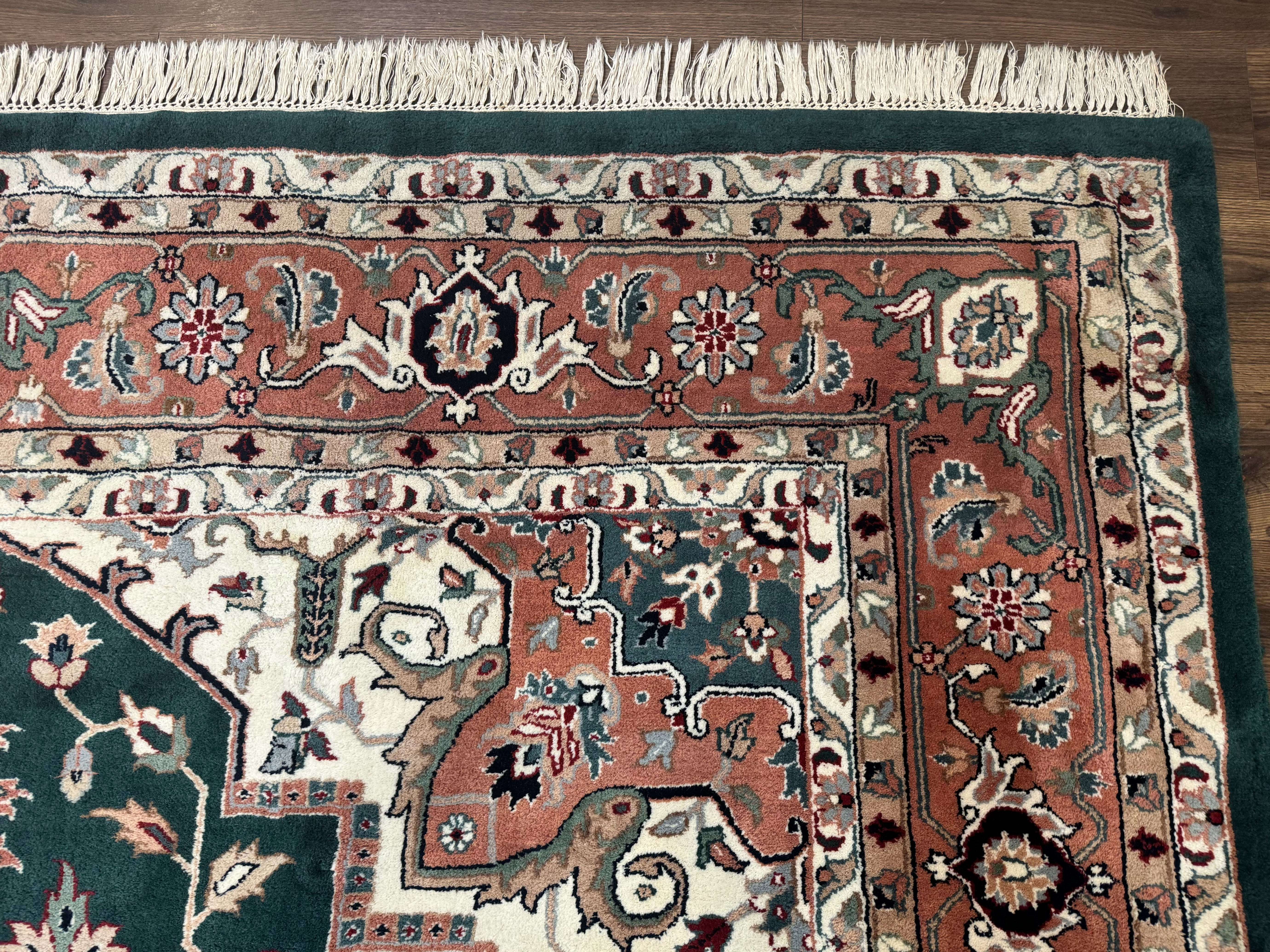 Indo Persian Heriz Rug 9x12, Dark Green & Ivory, Wool Hand Knotted Carpet - Jewel Rugs