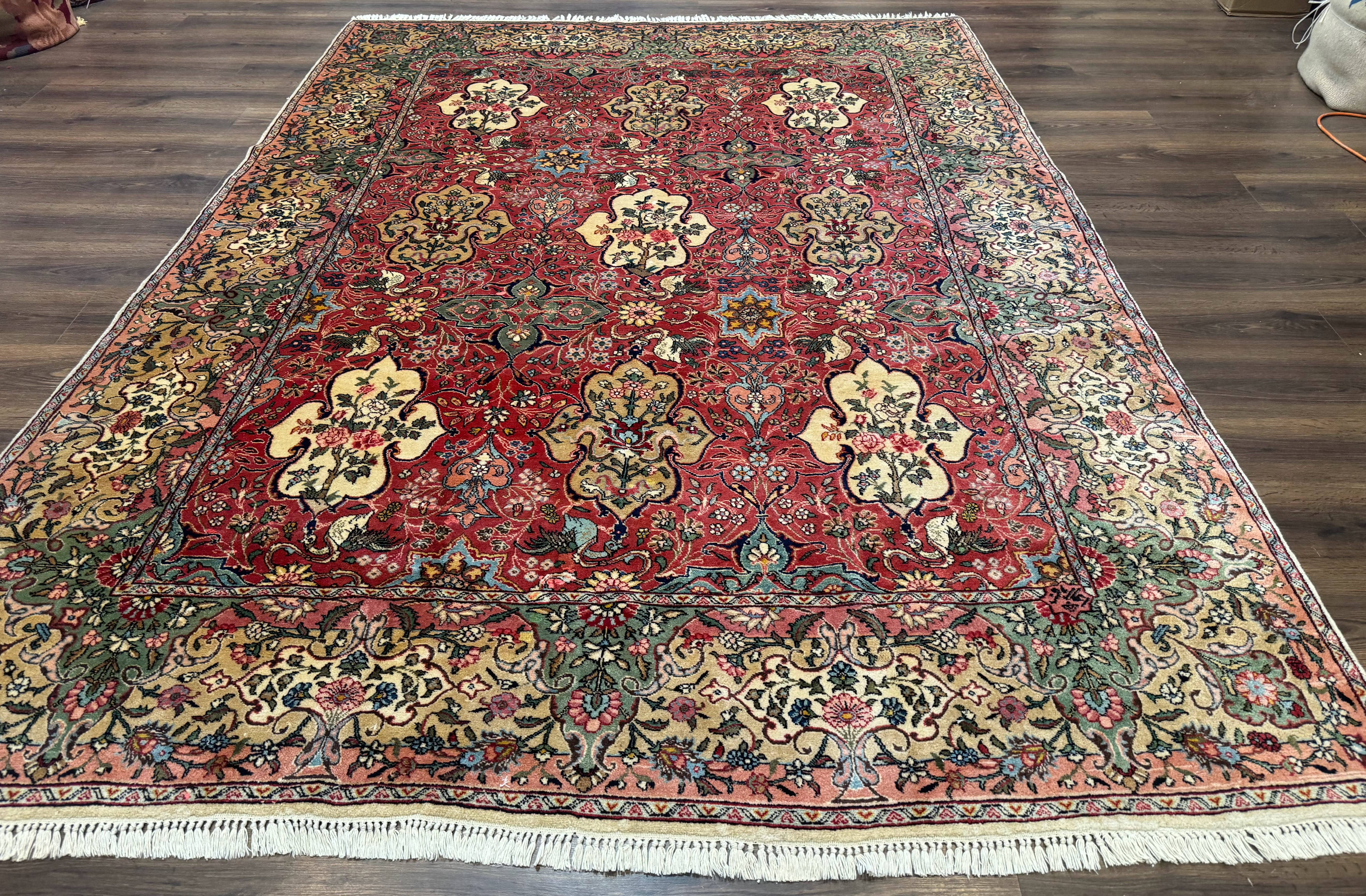 Antique Tabriz Persian Rug 7x10, Red Cream Tan, Unique Design, Fine 270 KPSI, Birds, Floral - Jewel Rugs