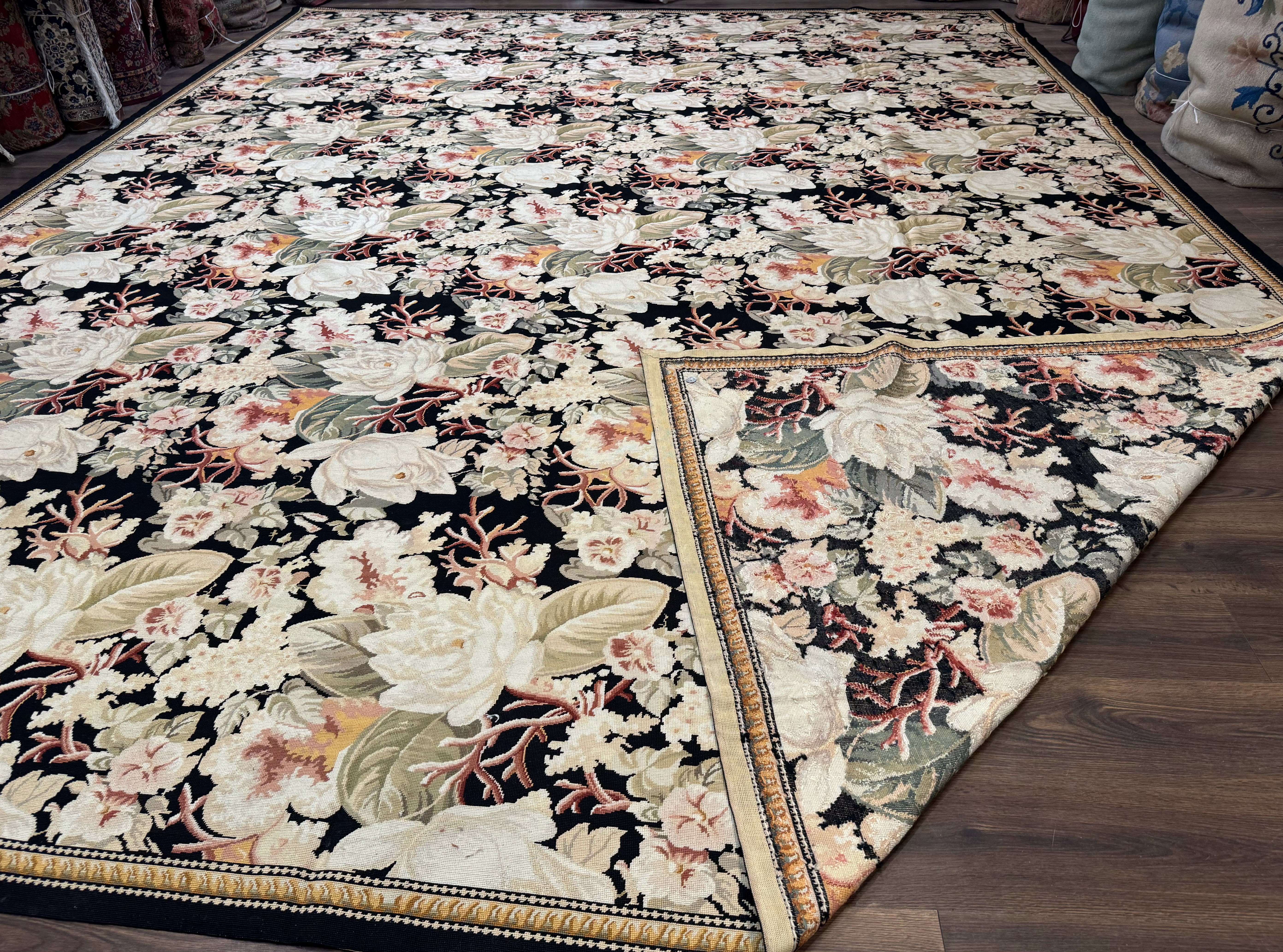 Palace Size Needlepoint Rug 13x17, Extra Large Wool Floral Handmade Carpet, European Design, Botanical - Jewel Rugs
