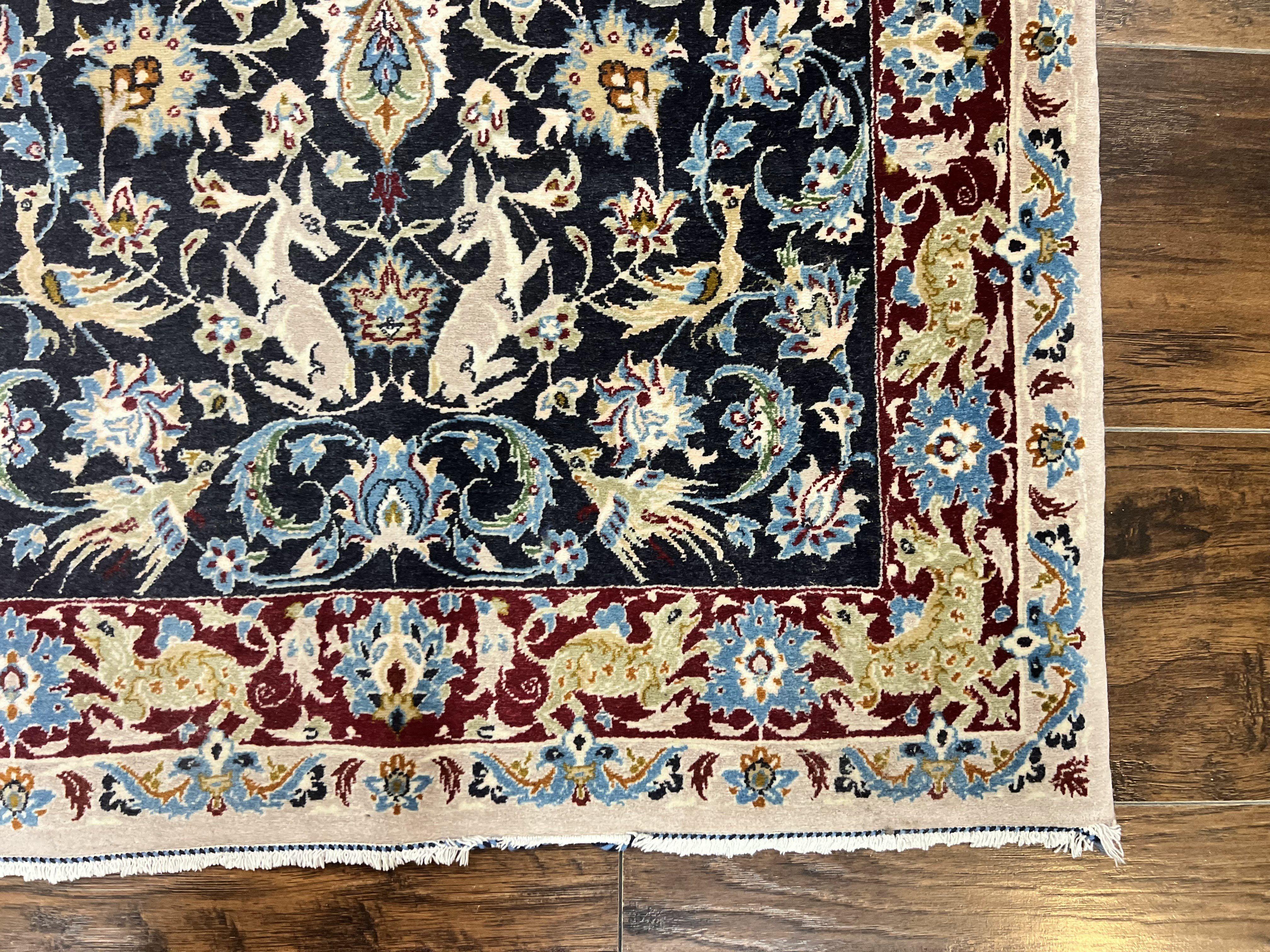 Wonderful Persian Isfahan Rug 2.4 x 4, Animal Pictorials Deer, Floral, Handmade Vintage Navy Blue Small Persian Carpet, Very Fine 430 KPSI Kork Wool - Jewel Rugs