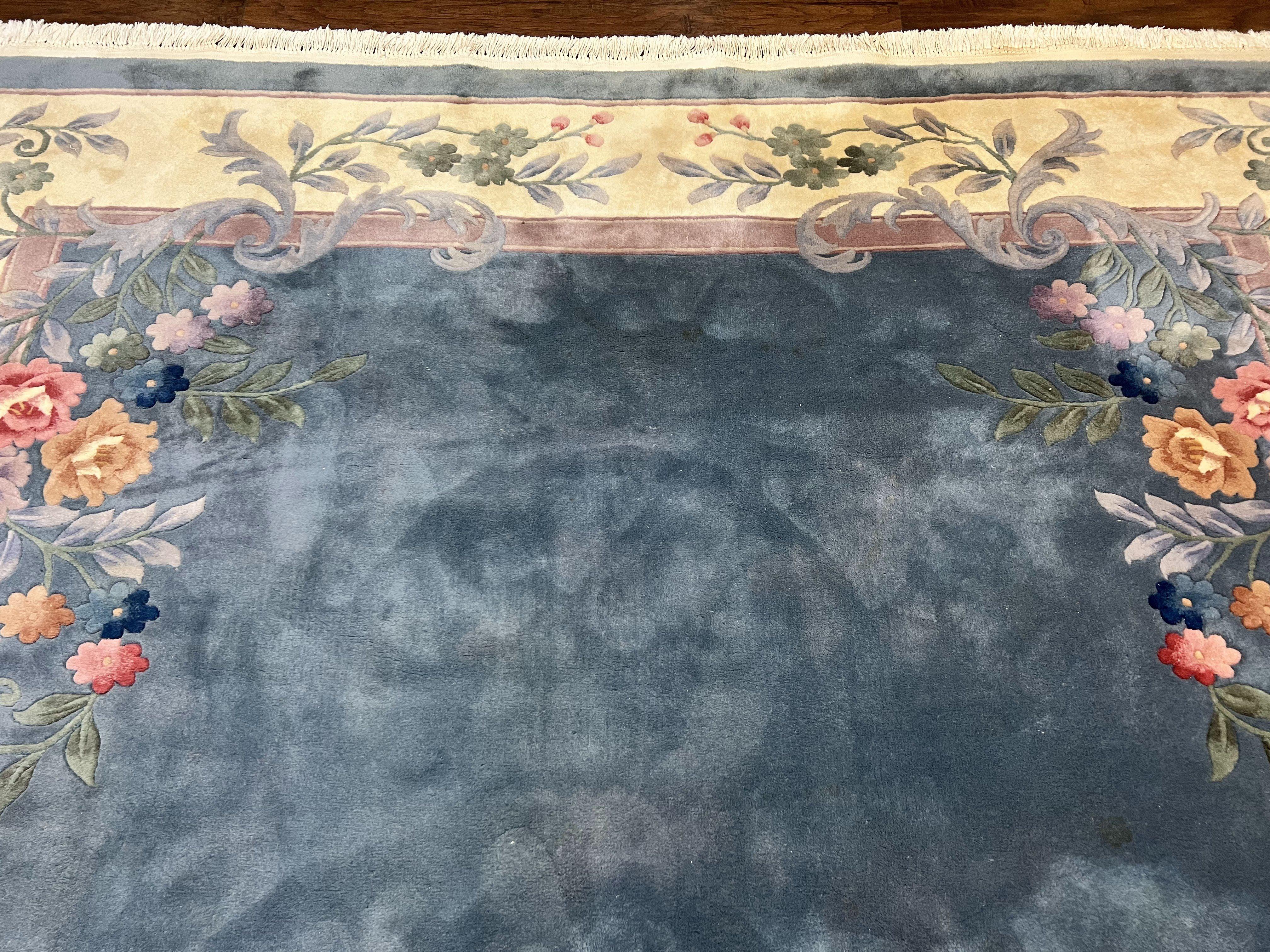 Chinese Wool Rug 10x13, Art Deco Carpet, Chinese Oriental 90 Line Carving Rug 10 x 13, Steel Blue and Cream, Soft, Handmade Vintage Rug - Jewel Rugs