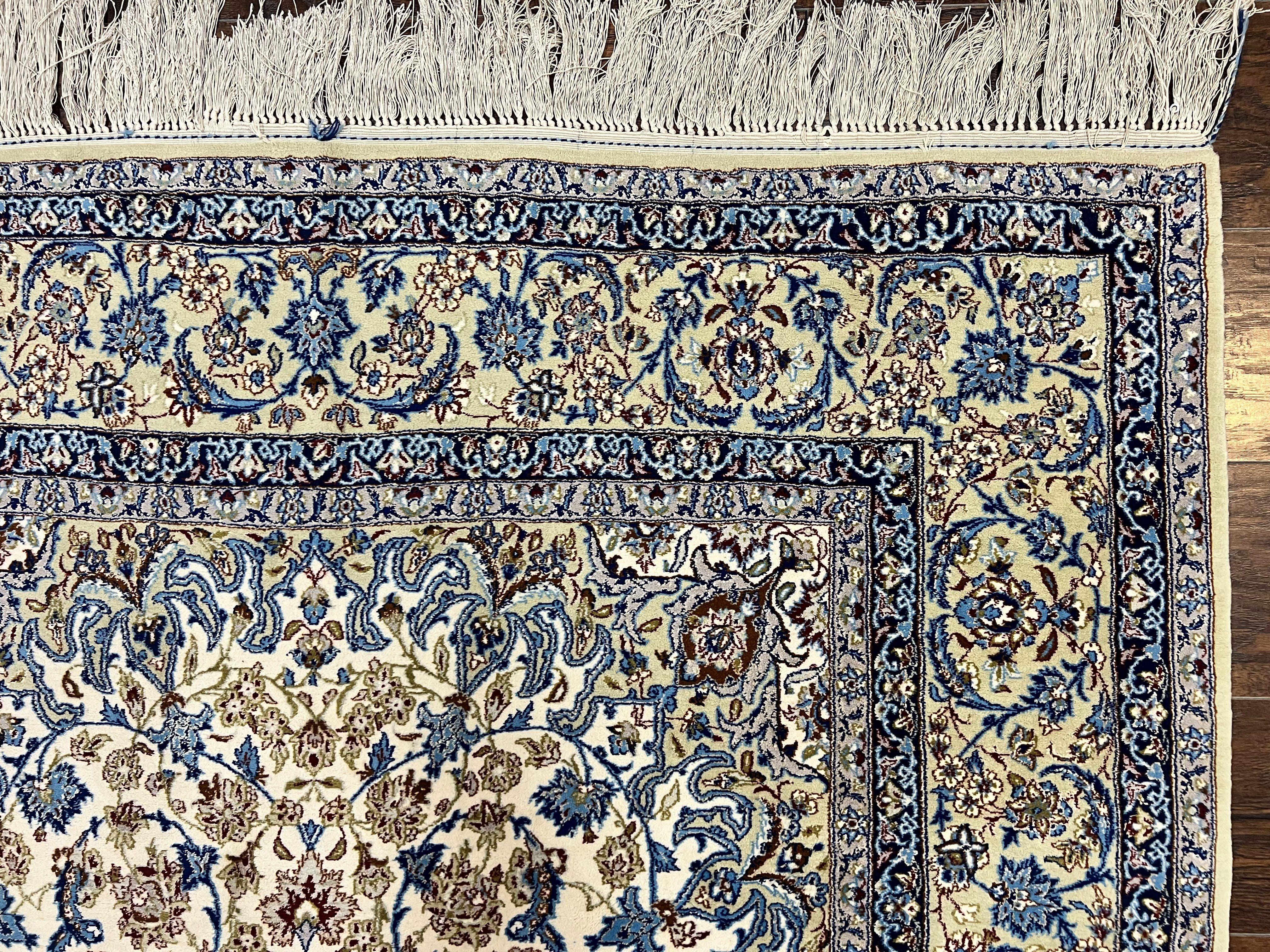 Persian Isfahan Rug 5x8, Kork Wool on Silk Foundation, 440 KPSI, Handmade Vintage Carpet, Floral Medallion Oriental Rug, Ivory & Blue, Very Fine - Jewel Rugs