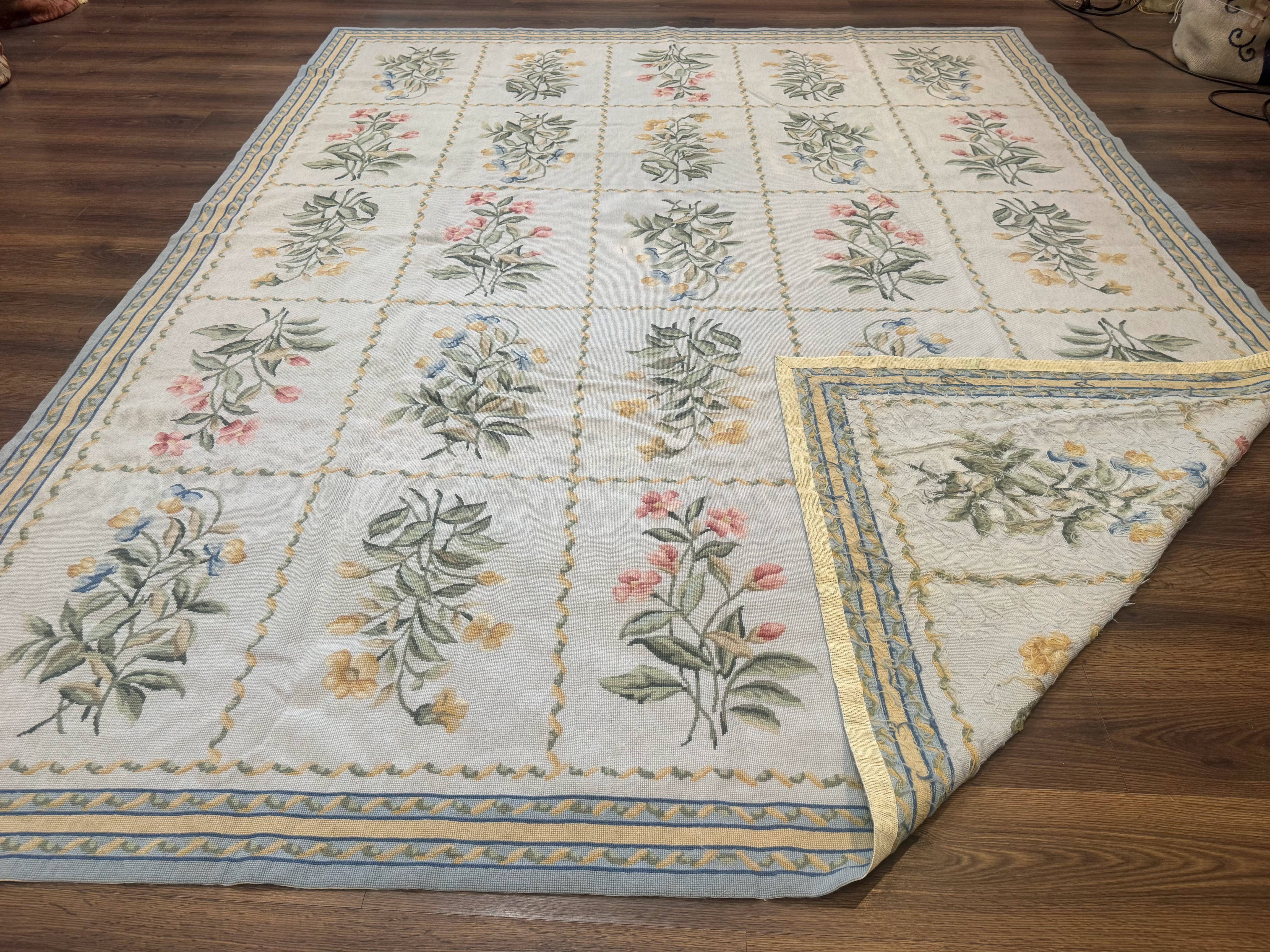 Needlepoint Rug 8x10, Vintage, Aubusson Panel Design, Floral, Wool - Jewel Rugs