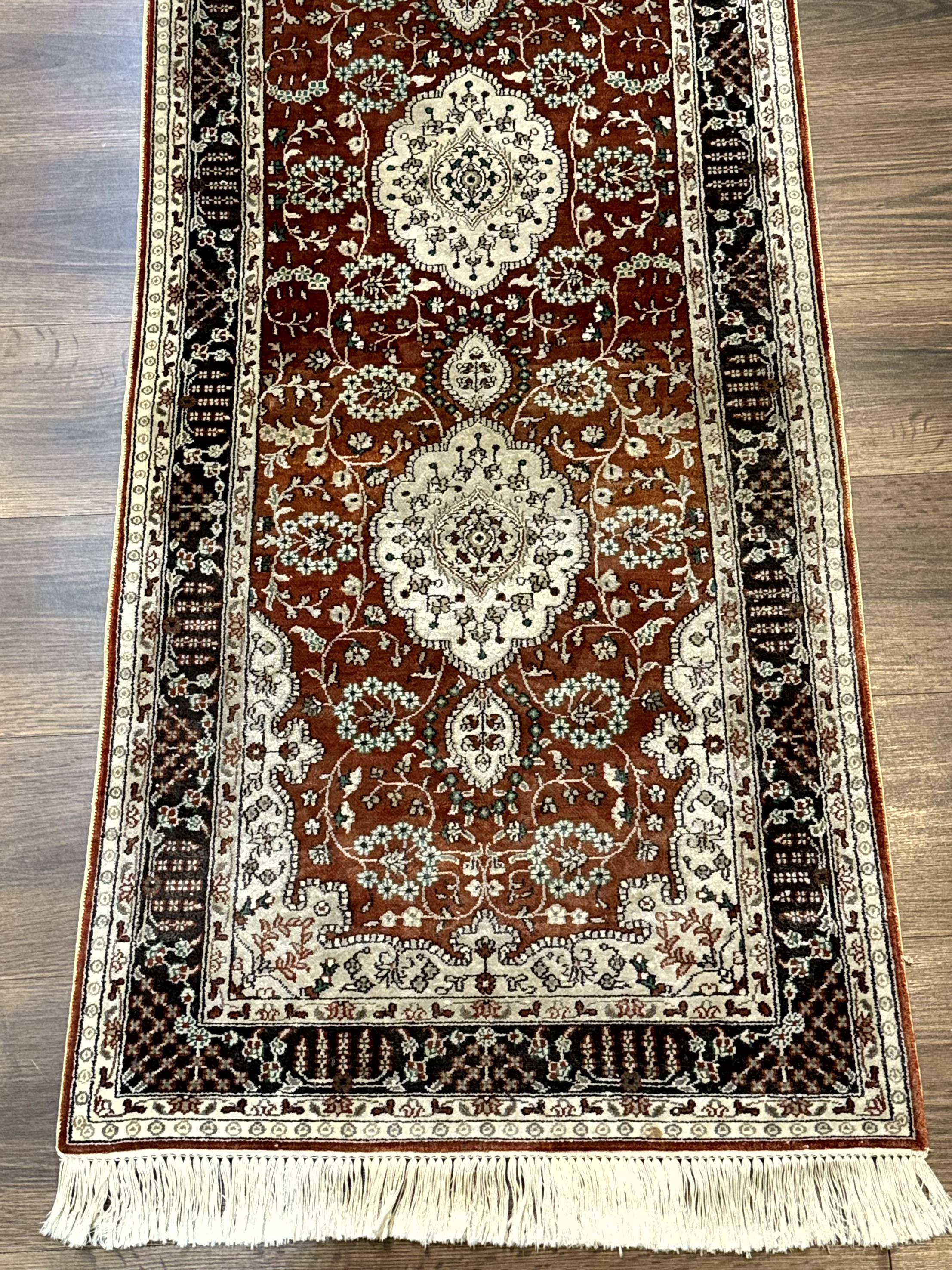 Turkish Silk Narrow Runner Rug 2 x 5.8, Very Fine 340 KPSI, Floral Medallions, Red - Jewel Rugs