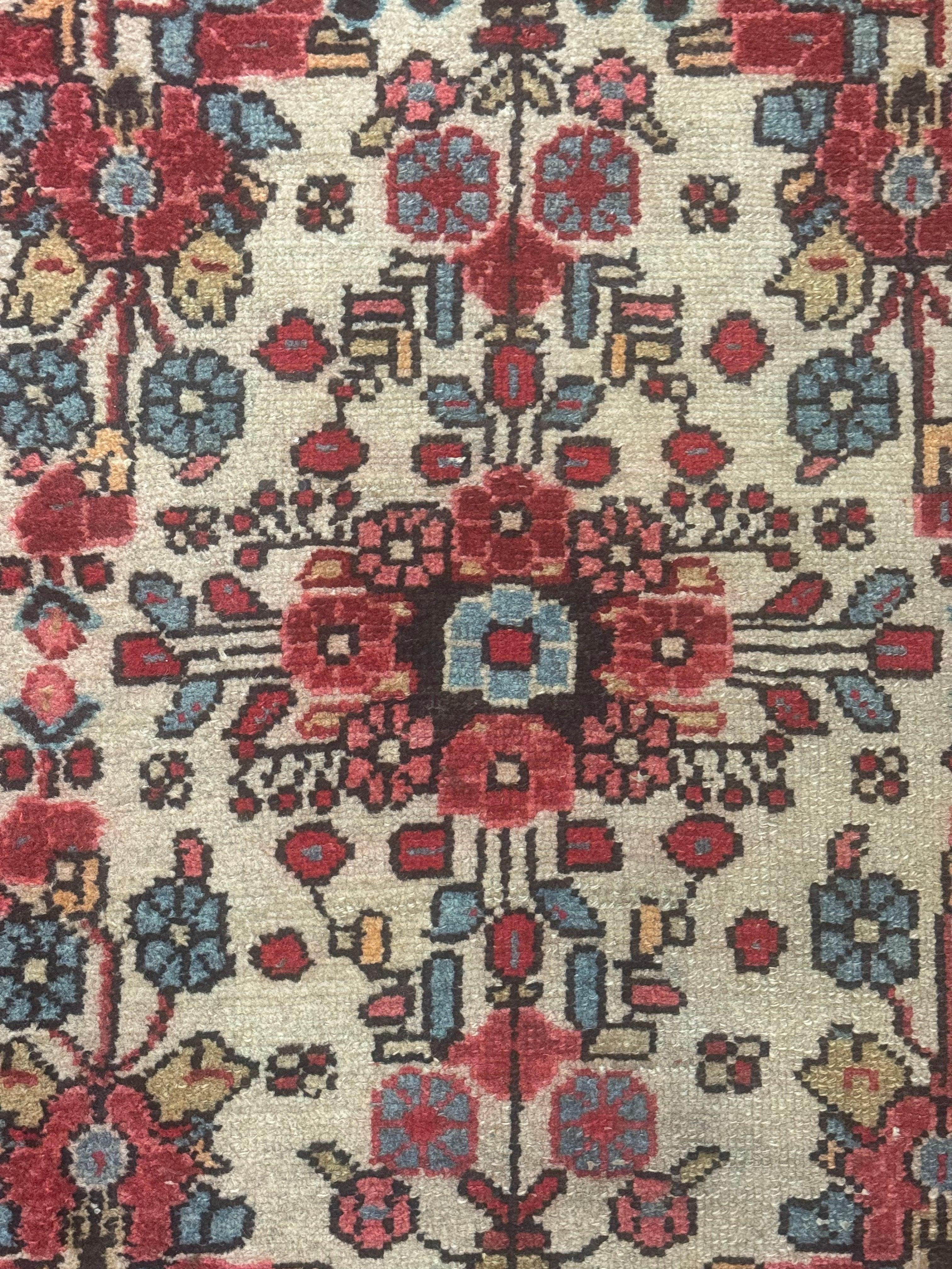 Small Antique Persian Rug 2x3, Beige and Red, Floral, Wool, Hamadan Rug - Jewel Rugs