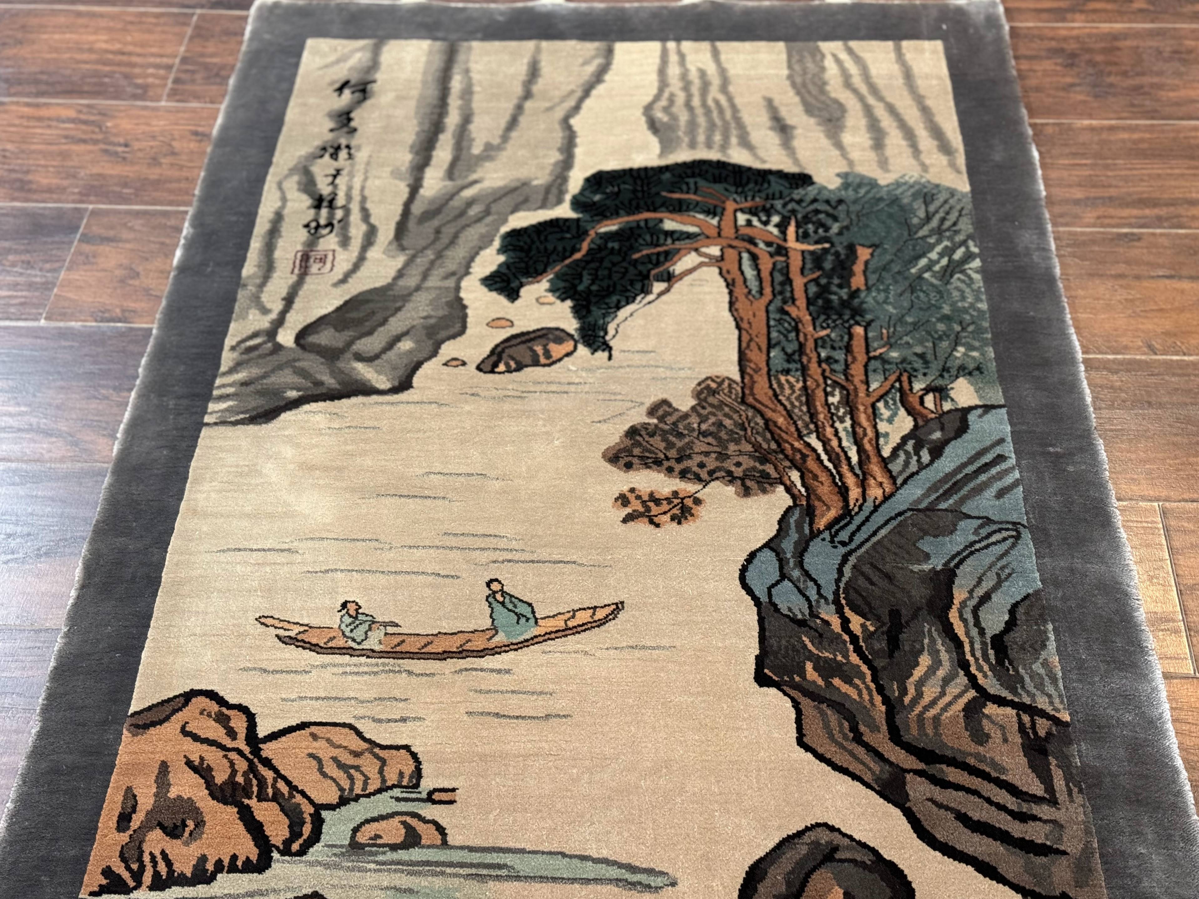 Chinese Silk Wall Hanging 3x5, Handmade, River and Boat Scene, Rug