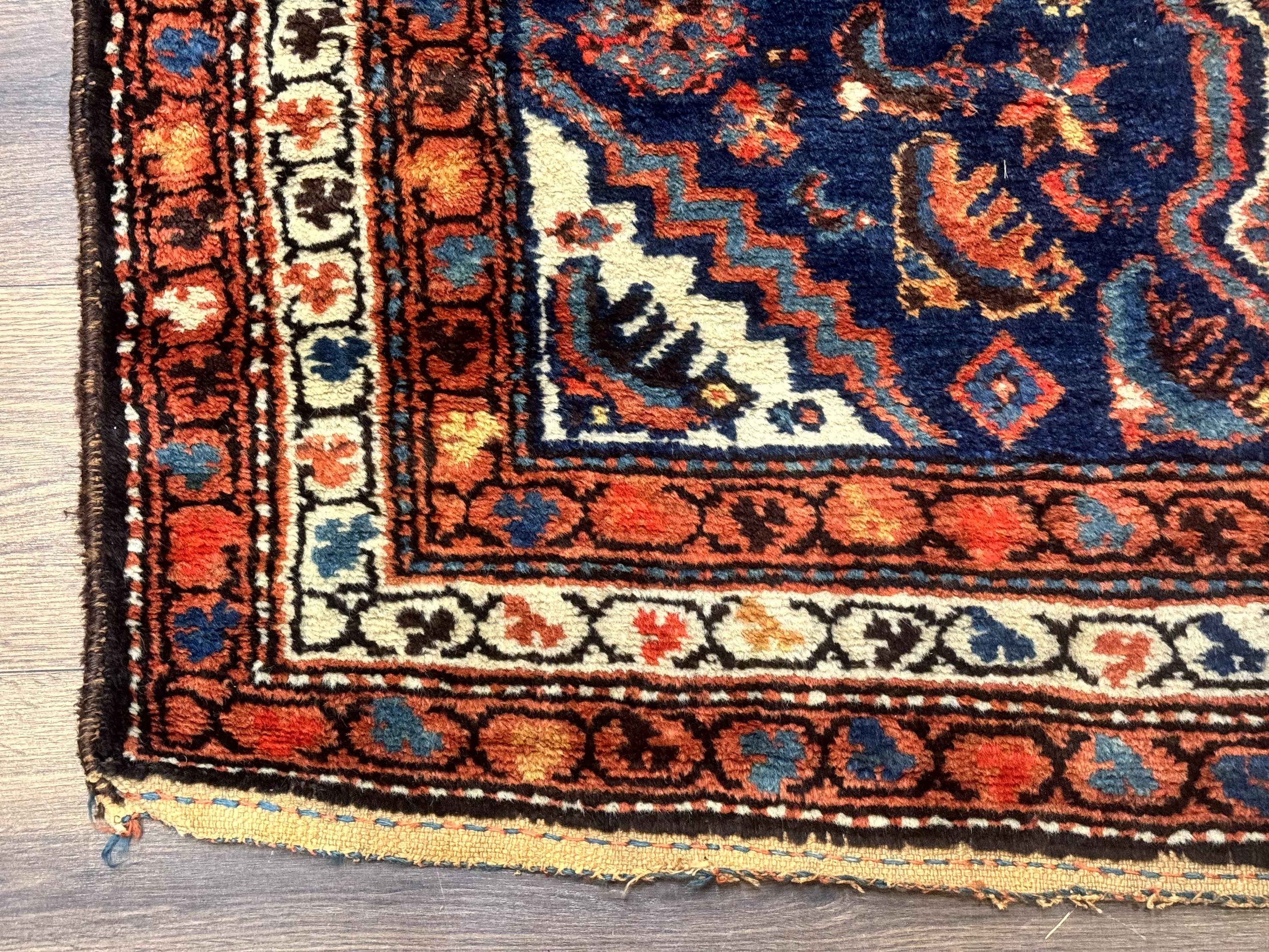 Antique Persian Hamadan Rug 4x6, Geometric, Double Medallions, Navy Blue, Tribal Carpet - Jewel Rugs