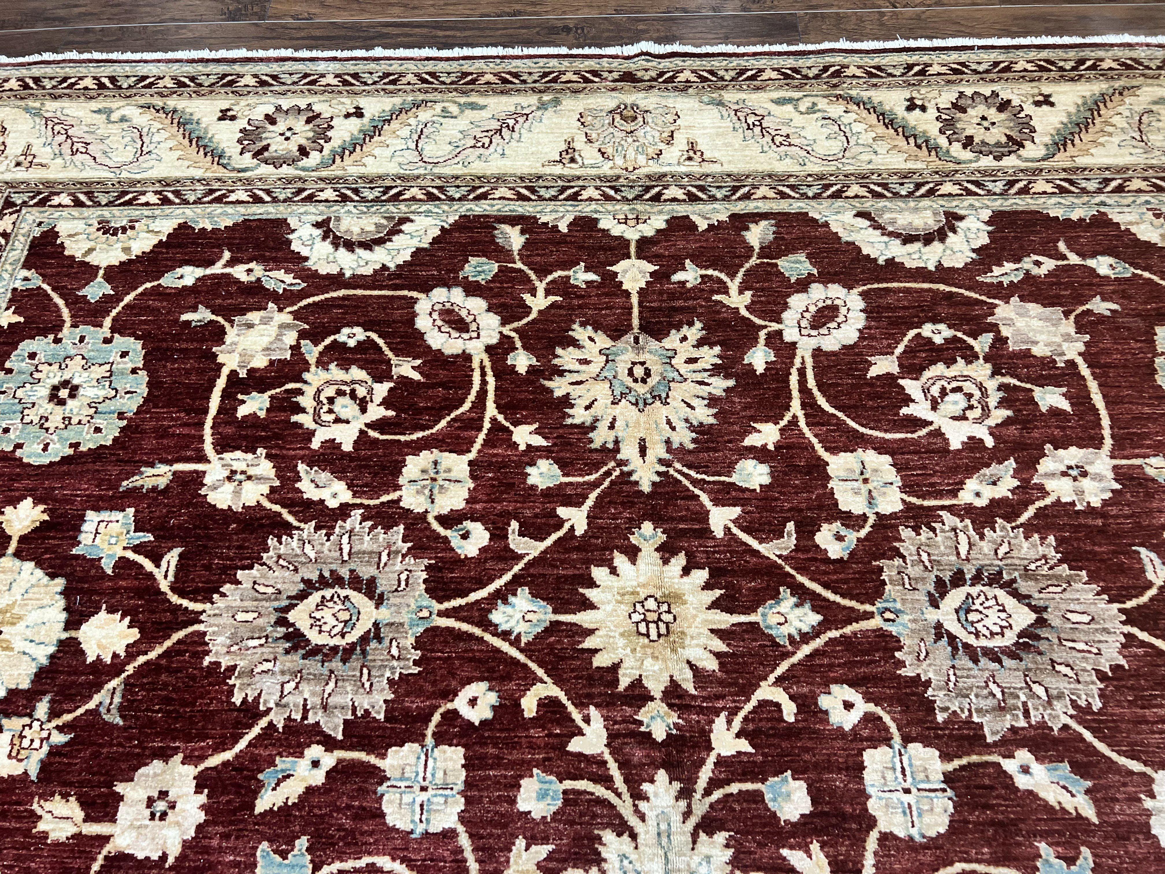Peshawar Rug 9x11, Pakistani Oriental Carpet, Maroon and Beige, Floral Allover, Wool Hand Knotted Handmade Vintage Rug - Jewel Rugs
