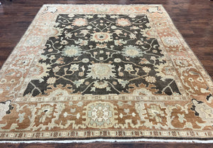 Turkish Oushak Rug 8x9, Wool Hand Knotted Vintage Carpet, Brown & Tan Floral Oriental Rug