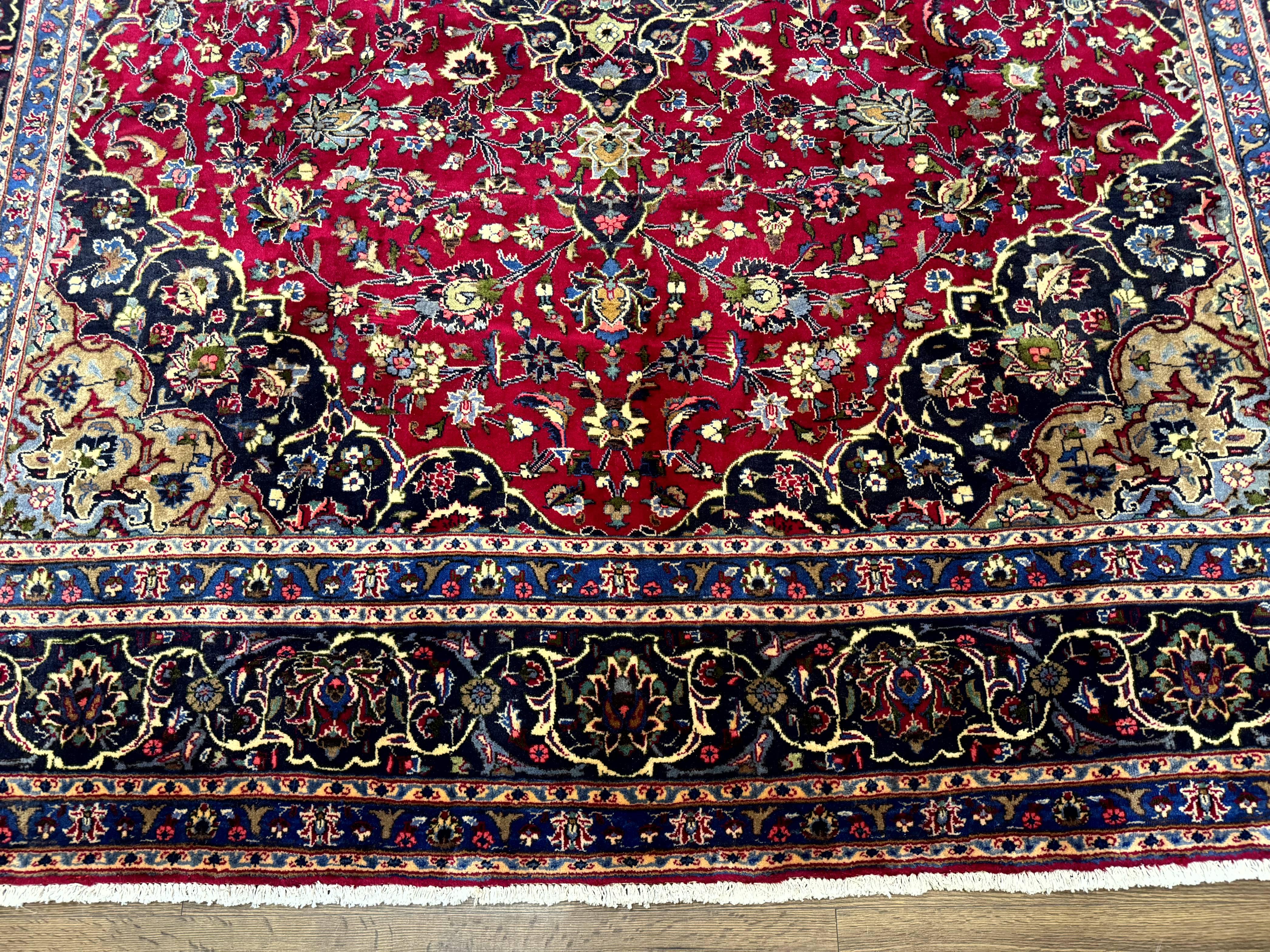 Traditional Persian Rug 8x11, Red Navy Blue, Floral Medallion, Antique Persian Mashad Carpet, Wool - Jewel Rugs