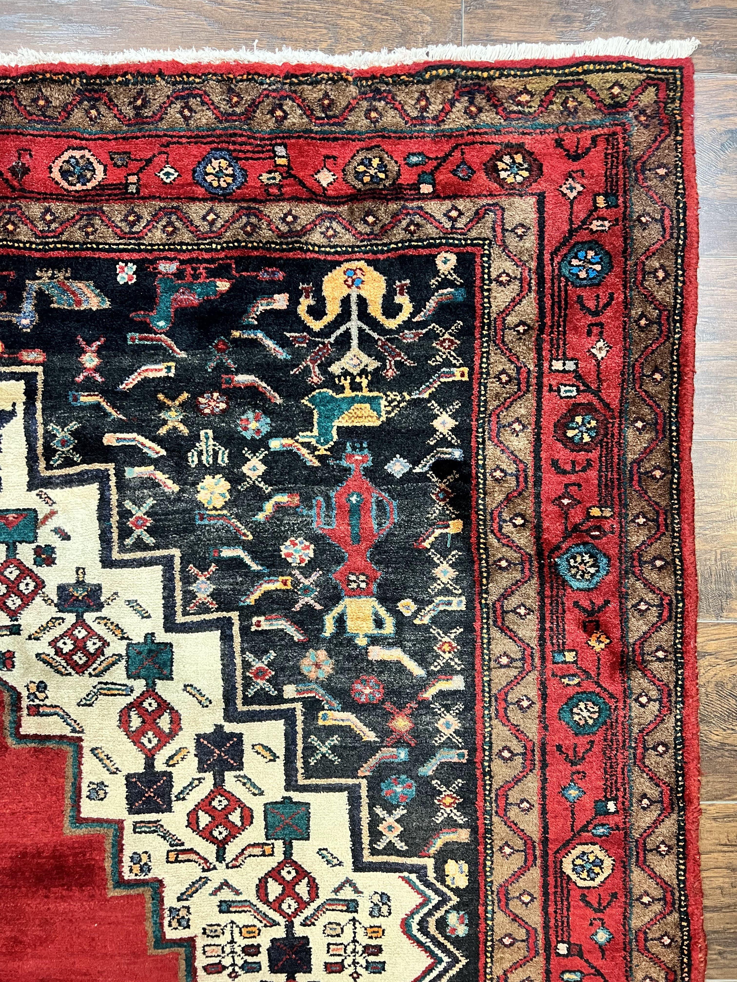 Persian Rug 5x12 ft, Red Cream Navy Blue, Pictorials, Hand Knotted Handmade Wide Runner Tribal Bidjar Semi Antique Wool Geometric Oriental Rug - Jewel Rugs