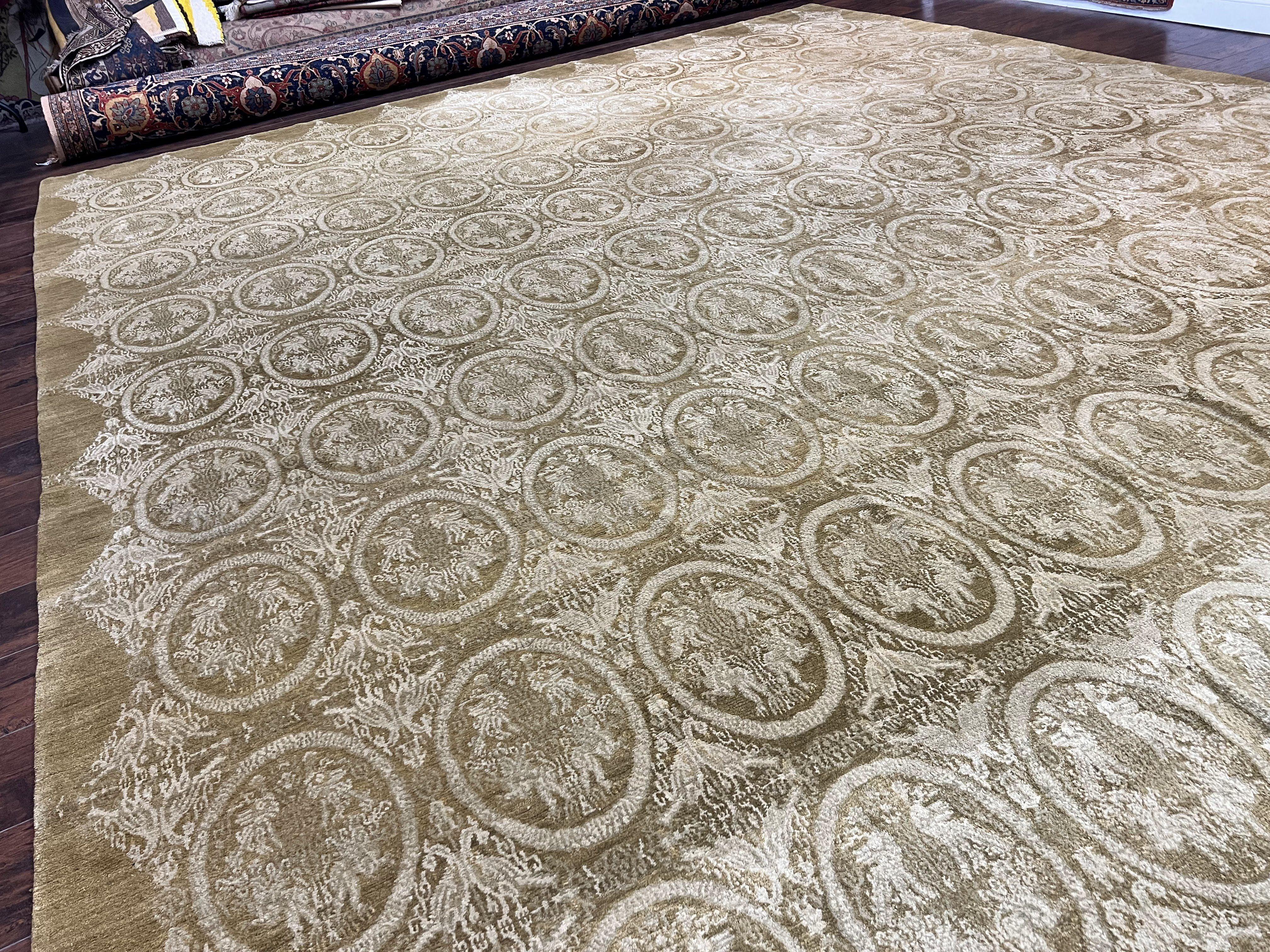 Tibetan Rug 12x15, Wool Hand Knotted Carpet, Odegard Rug, Birds, Olive Green, 12 x 15 Oversized Handmade Contemporary Area Rug, Extra Large - Jewel Rugs