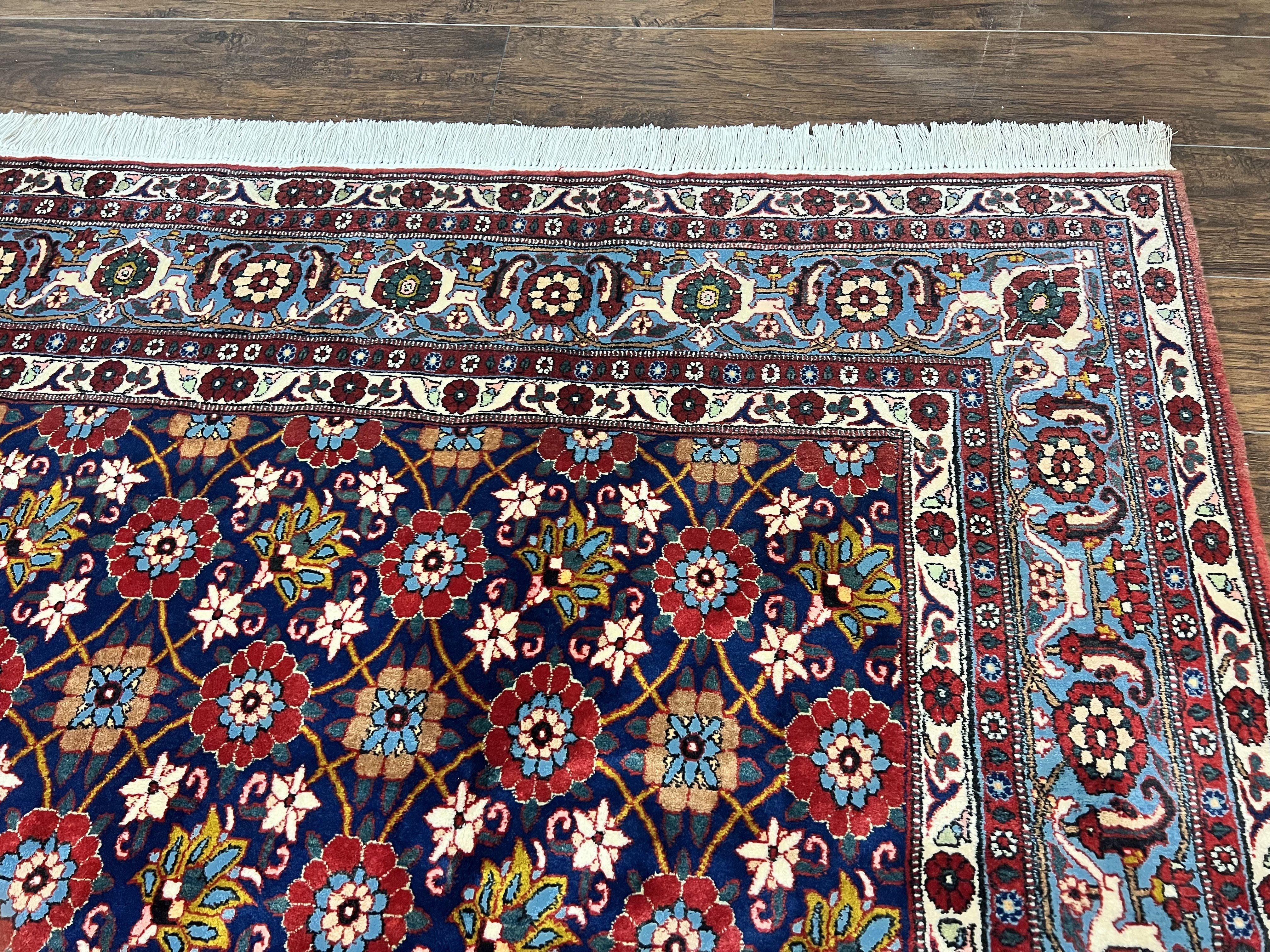 Persian Veramin Rug 7x11, Repeated Allover Pattern, Handmade Vintage Carpet, Navy Blue - Jewel Rugs