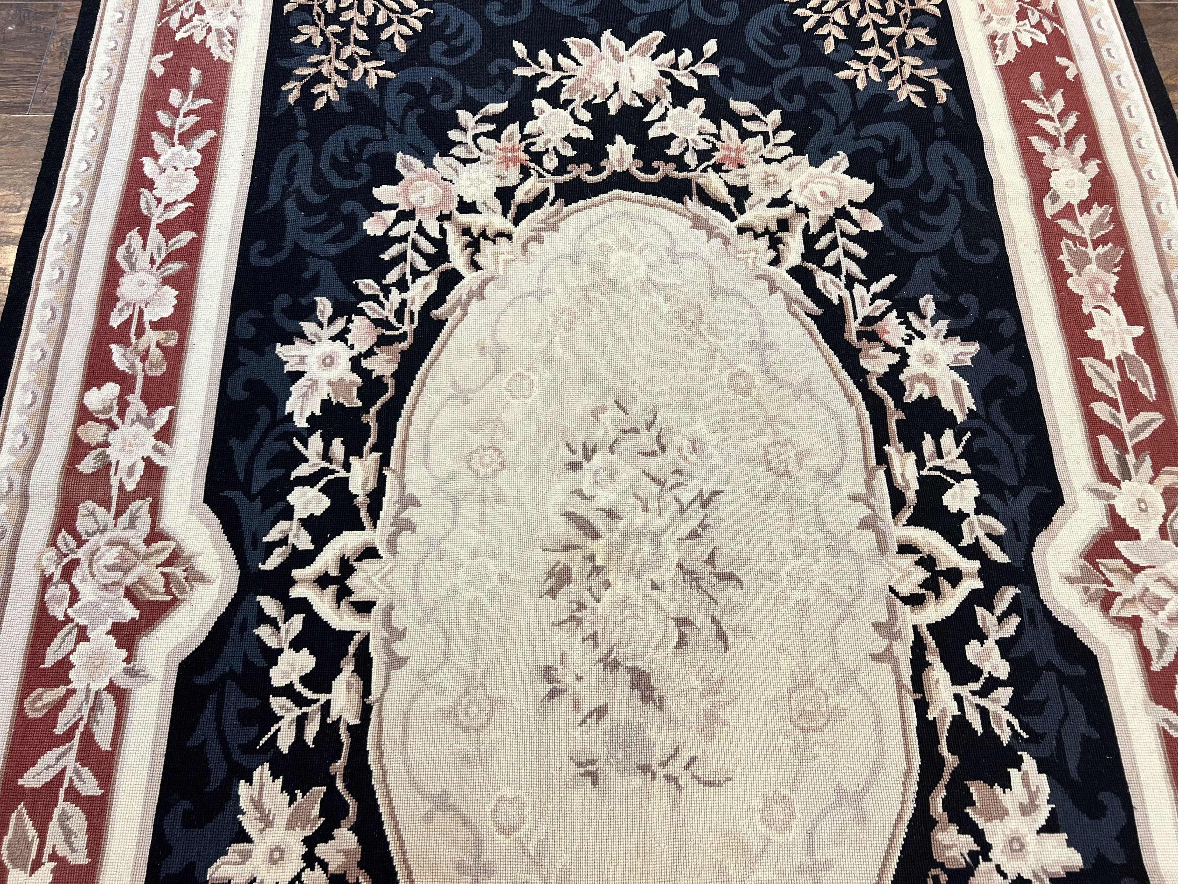 Needlepoint Rug 5x8, Wool Handmade Vintage European Design Carpet, Black & Maroon, French Aubusson Pattern Flatweave Rug - Jewel Rugs