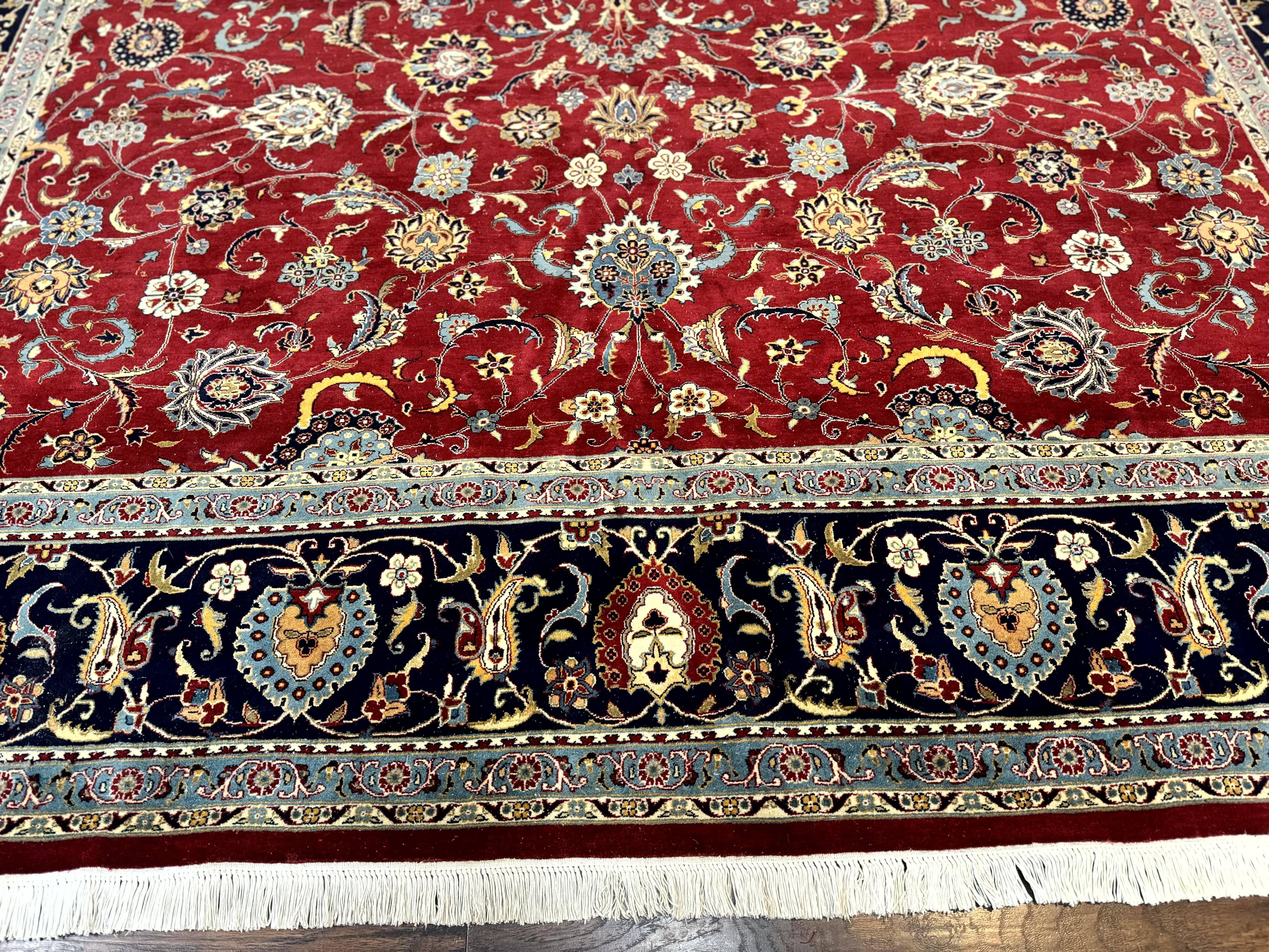Pak Persian Rug 9x12, Red and Navy Blue, Floral Allover, Hand Knotted Vintage Wool Carpet, Fine 260 KPSI - Jewel Rugs