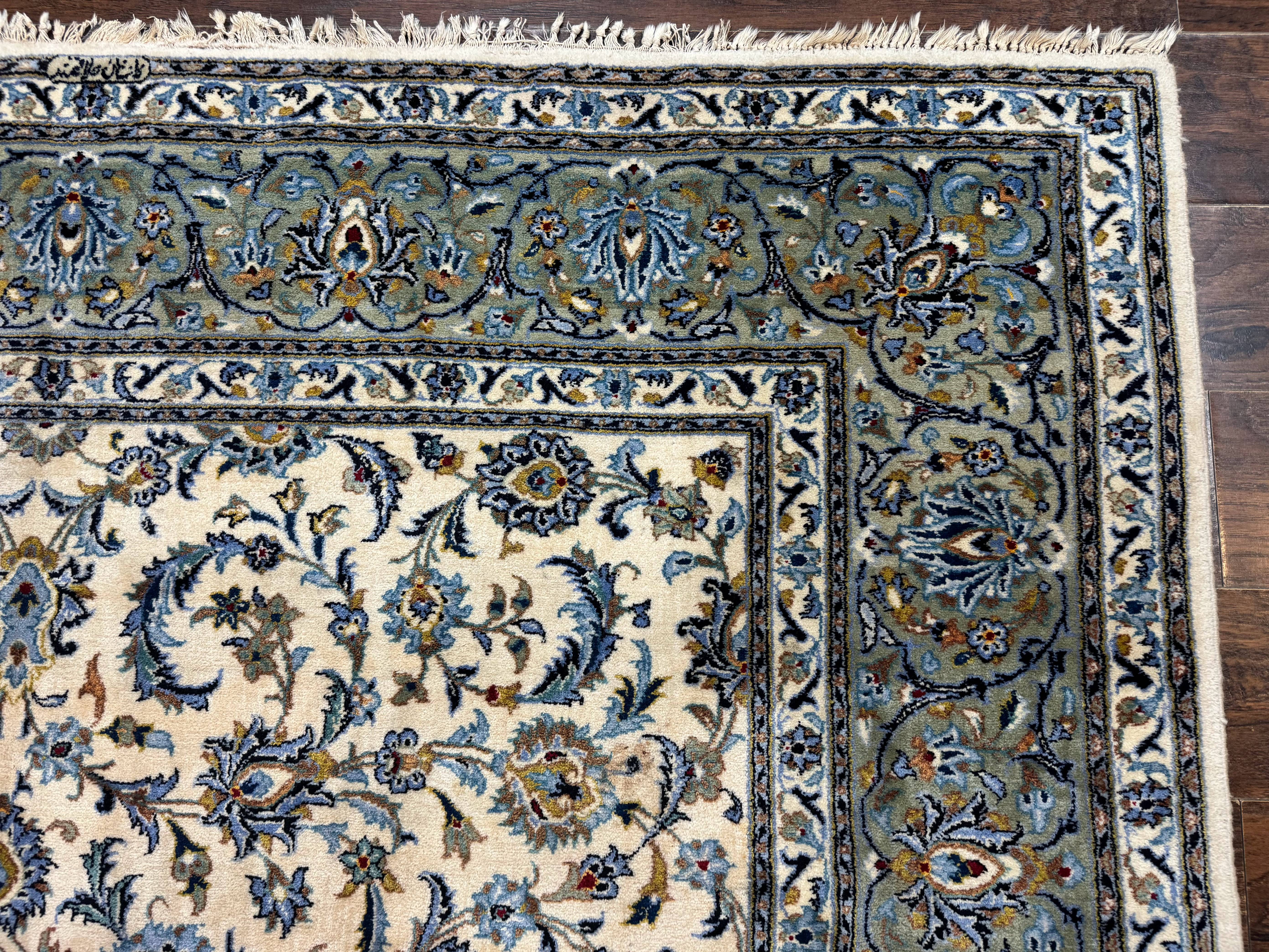 Persian Kashan Rug 8x11, Ivory Blue Green, Floral Allover, Signed By Masterweaver - Jewel Rugs