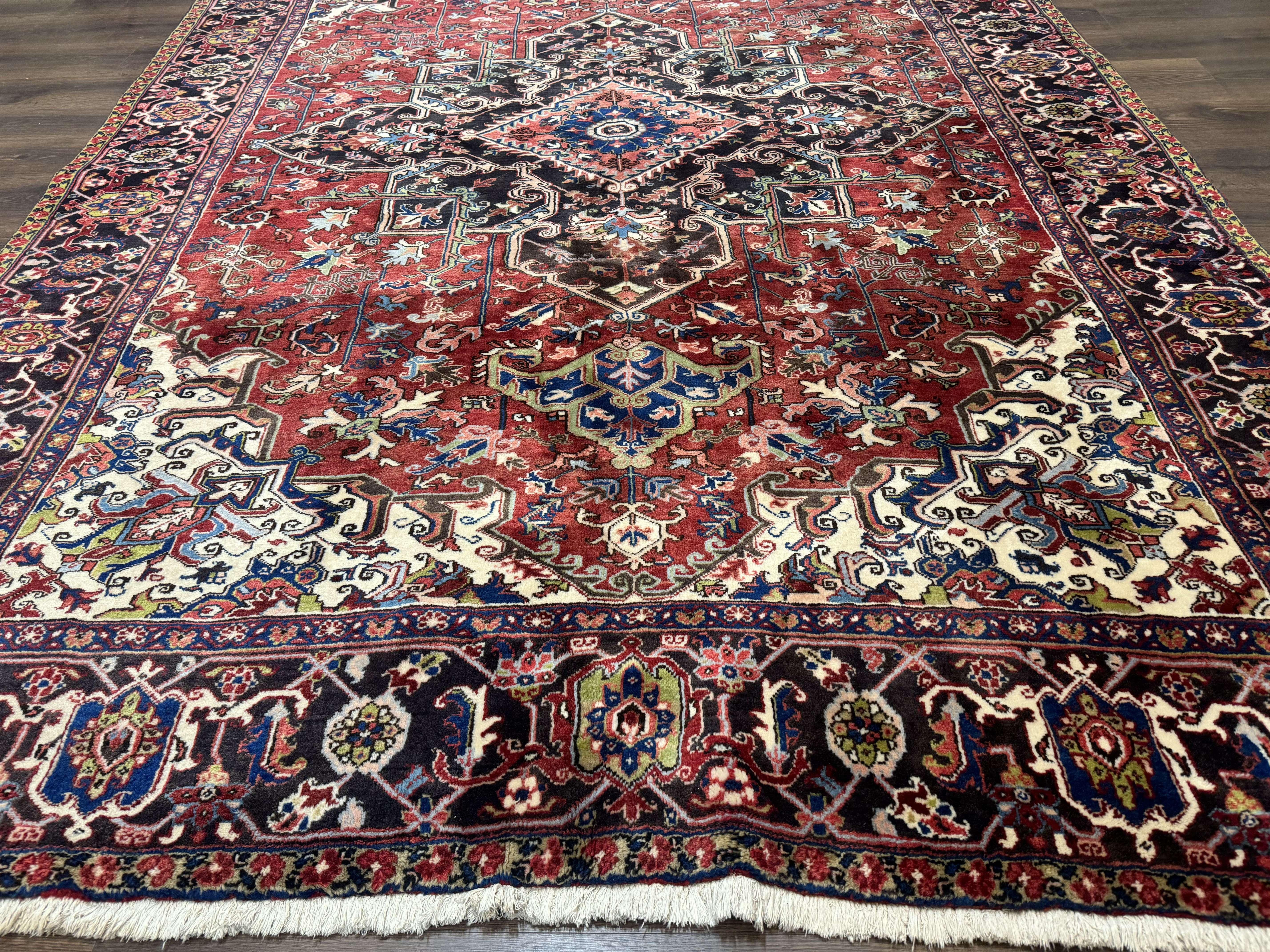 Antique Persian Heriz Rug 8x11, Geometric Tribal Wool Carpet, Brick Red - Jewel Rugs