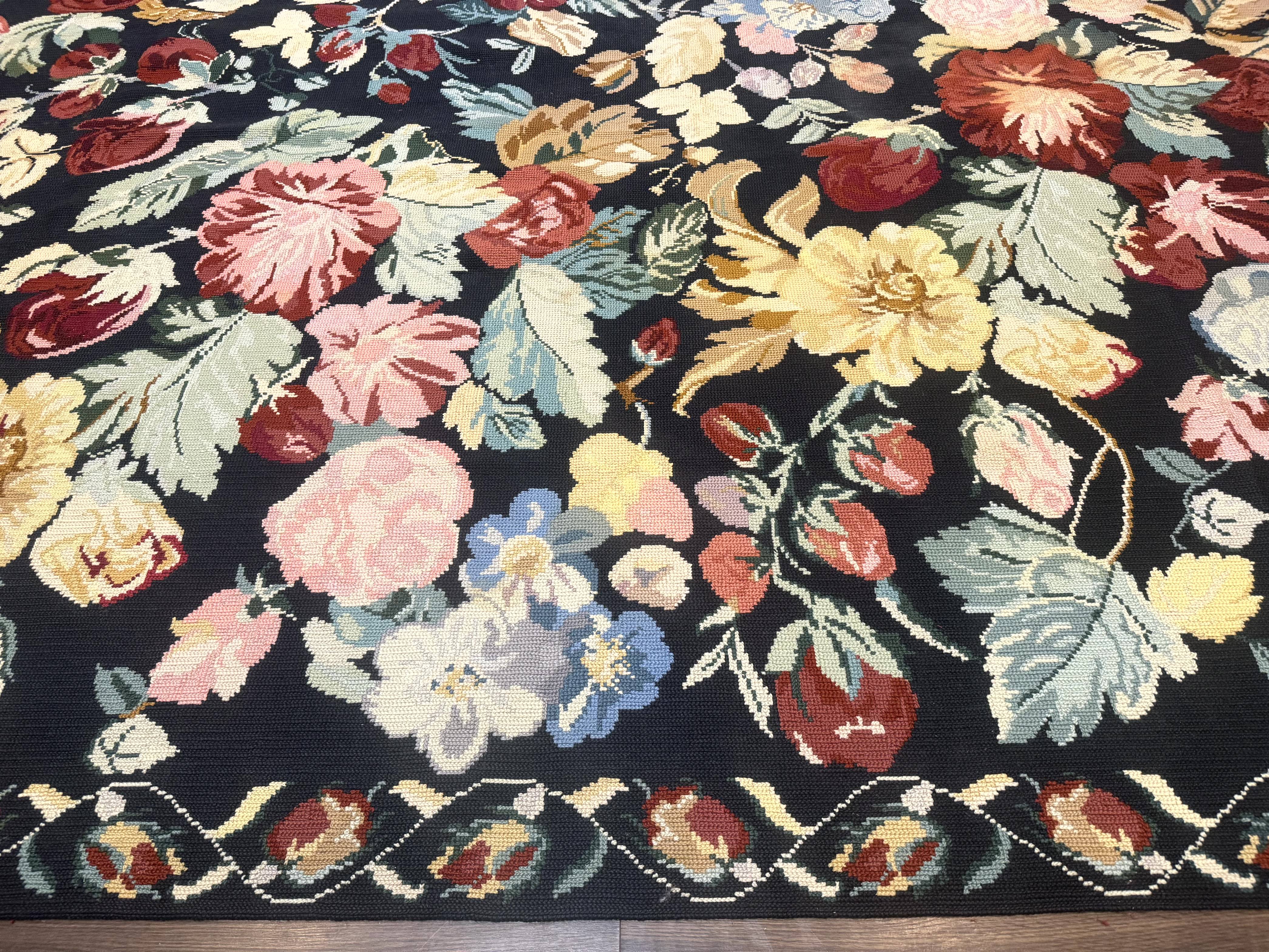 Palace Size Needlepoint Rug 12x18, Vintage Spanish Portuguese Carpet, Floral Design - Jewel Rugs