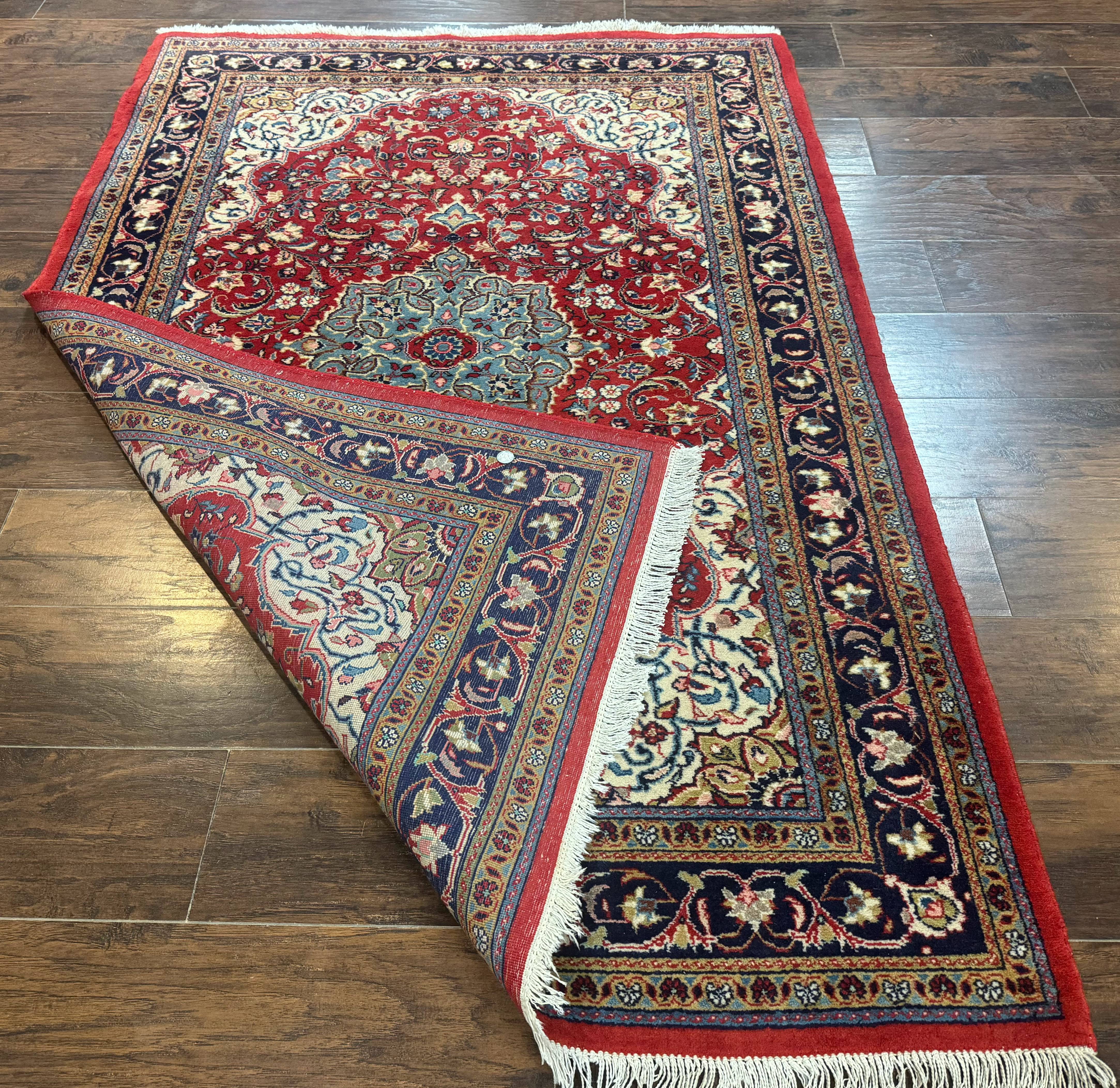 Persian Sarouk Rug 4x7, Red Navy Blue Vintage Wool Medallion Carpet - Jewel Rugs