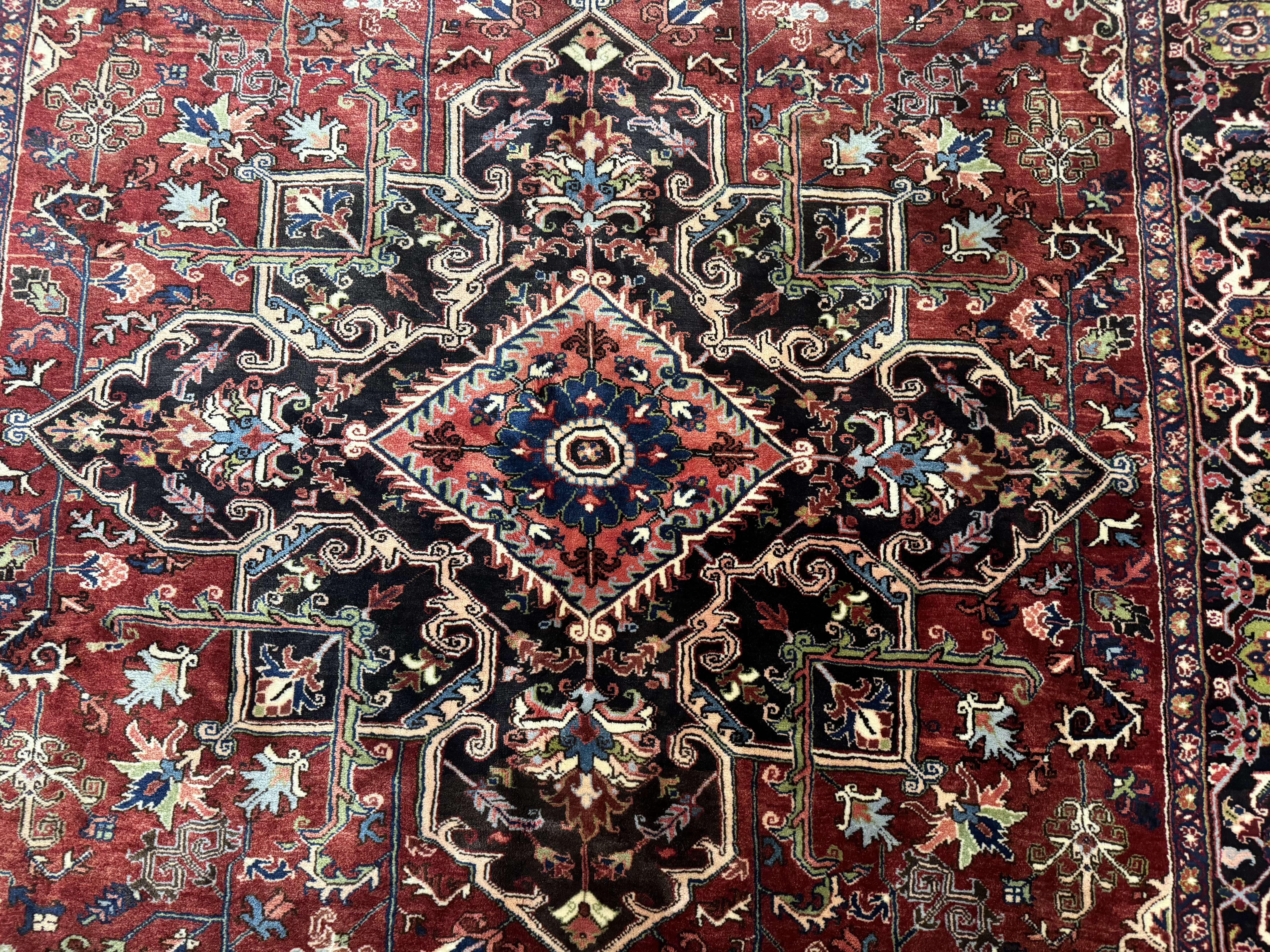 Antique Persian Heriz Rug 8x11, Geometric Tribal Wool Carpet, Brick Red - Jewel Rugs