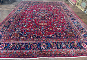Antique Persian Mashad Rug 10x13, Red and Navy Blue, Great Colors, Signed By Masterweaver, Floral Medallion, Handmade Wool Persian Carpet