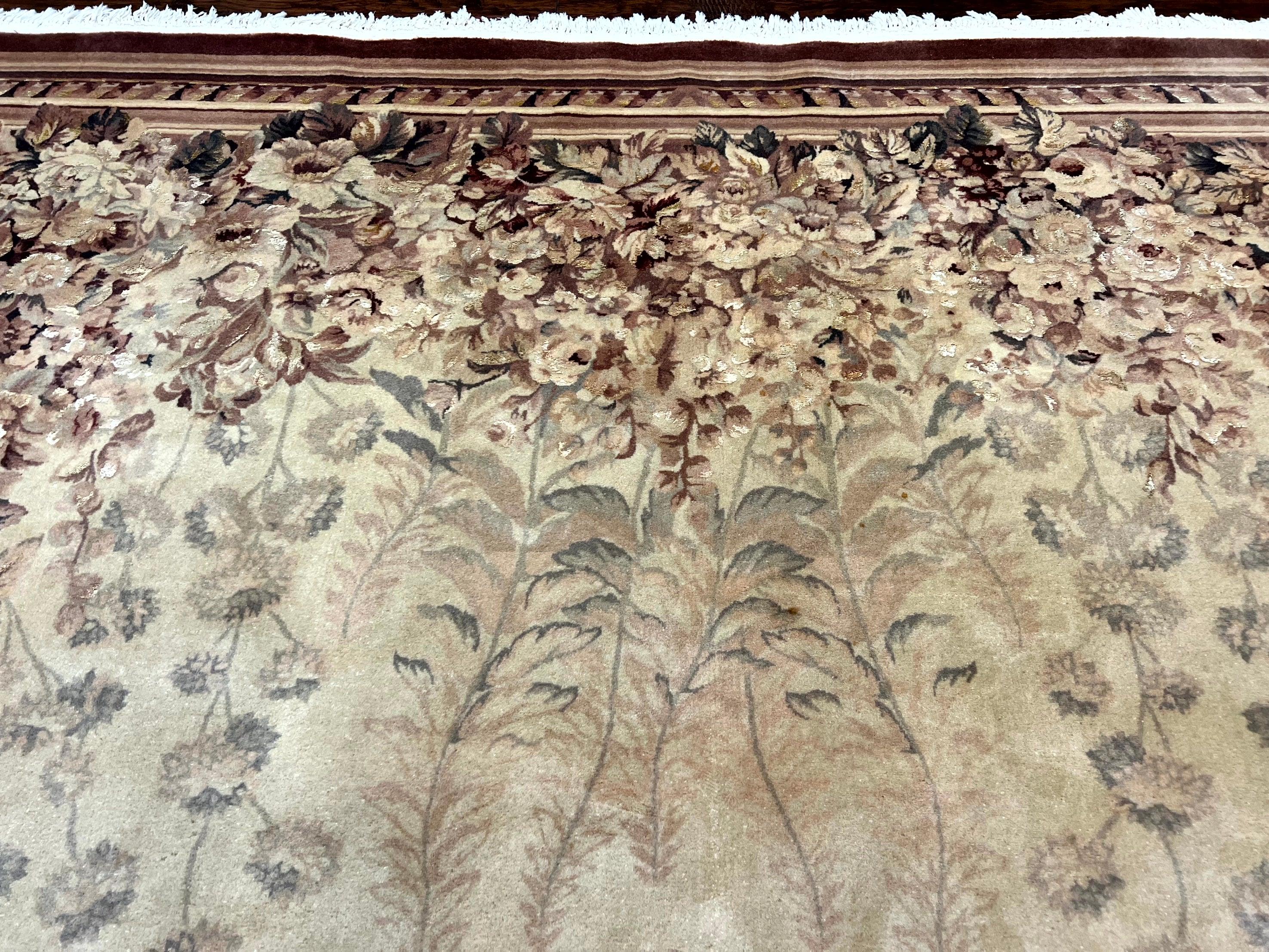 Aubusson Wool Rug 9x11, Wool with Silk Highlights, European Design, Vintage, Handmade, Floral, Fine 210 KPSI - Jewel Rugs
