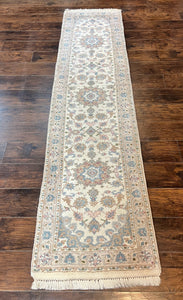 Indo Persian Runner Rug 2.5 x 9.5, Handmade Vintage Wool Rug for Hallway, Floral, Ivory