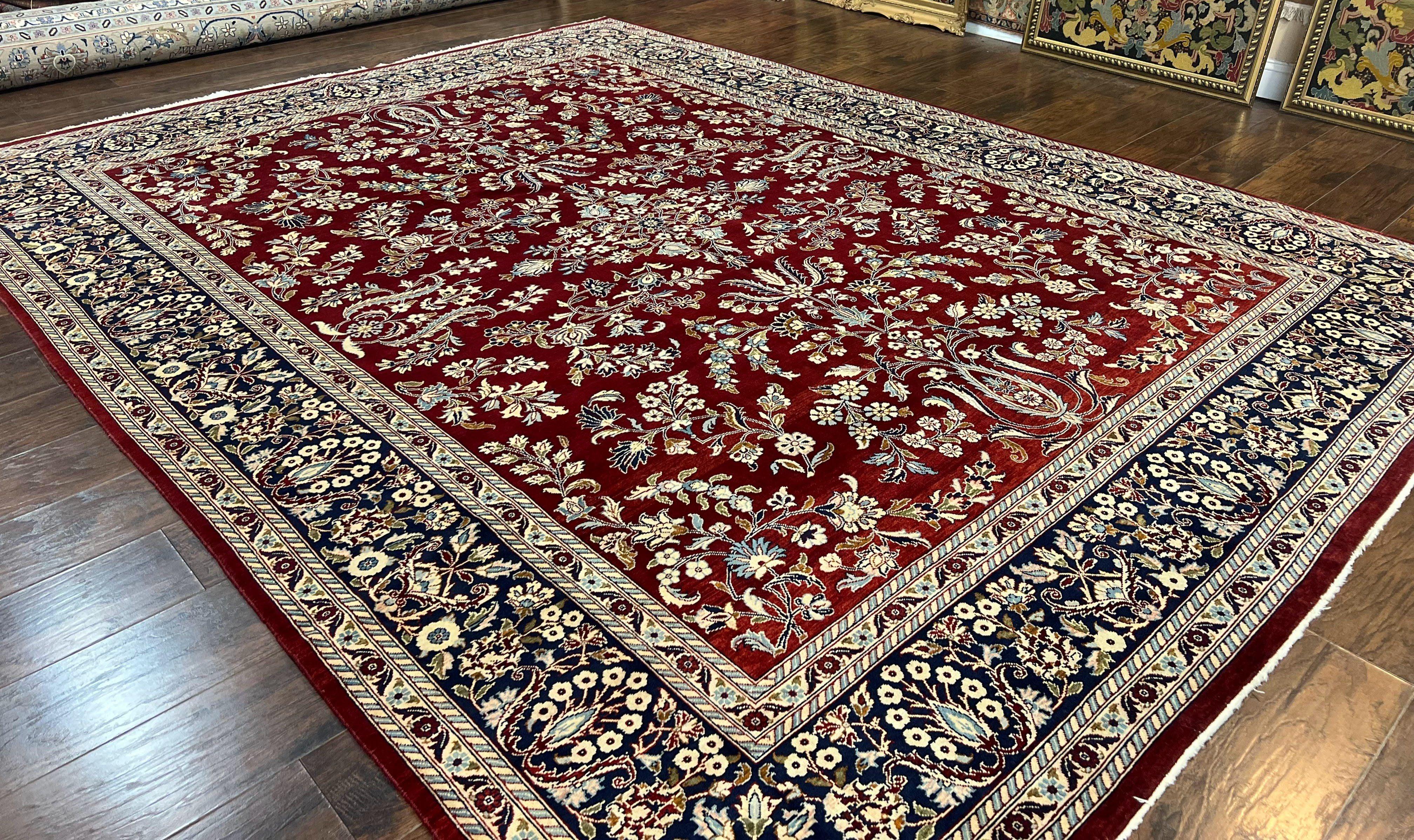 Indo Persian Sarouk Rug 9x12, Floral Allover, Dark Red & Navy Blue, Handmade Vintage Wool Carpet - Jewel Rugs