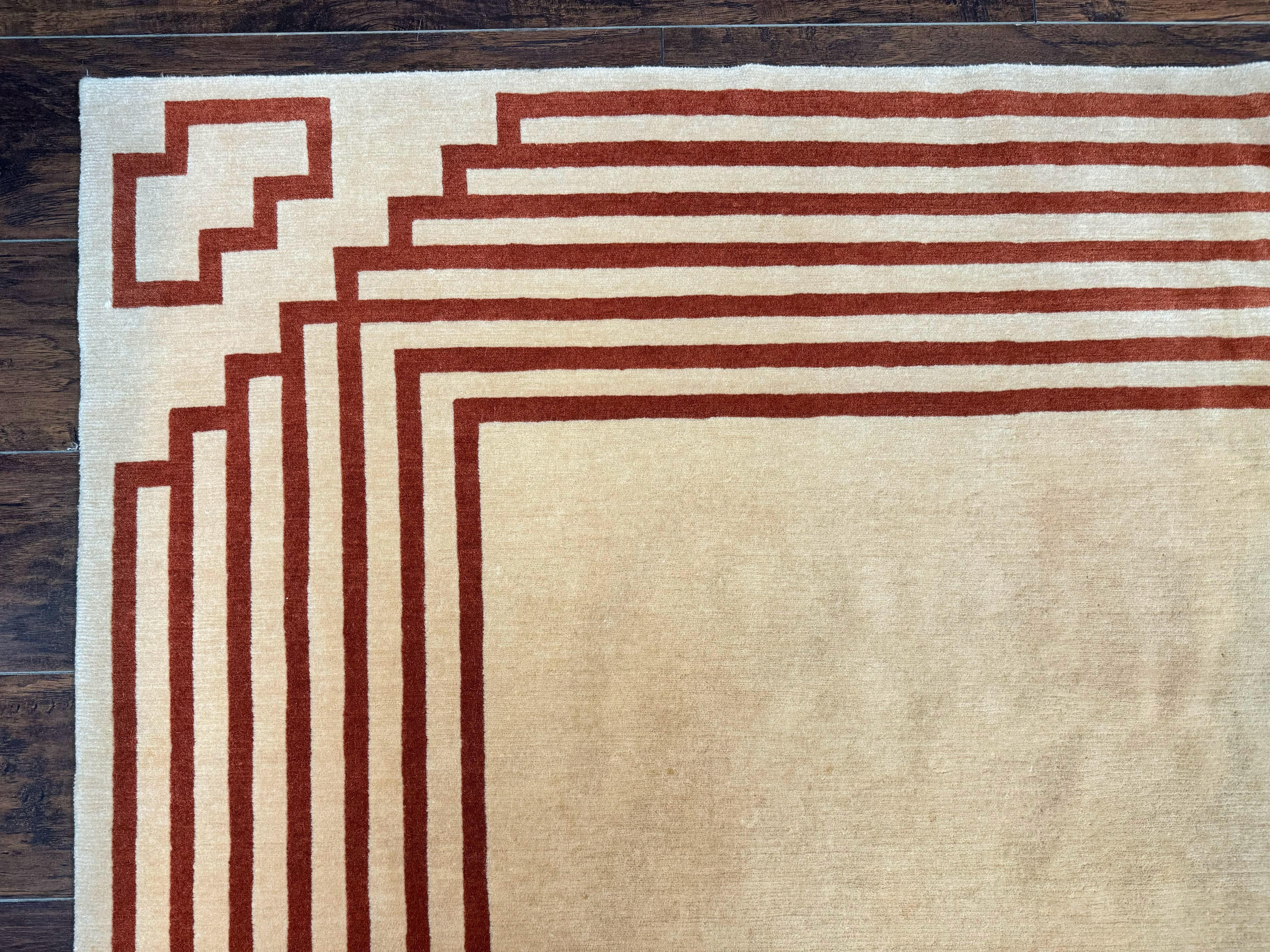 Modern Tibetan Rug 11 x 14.6, Wool and Silk, Simple Design, Handmade Large Area Rug, Cream - Jewel Rugs