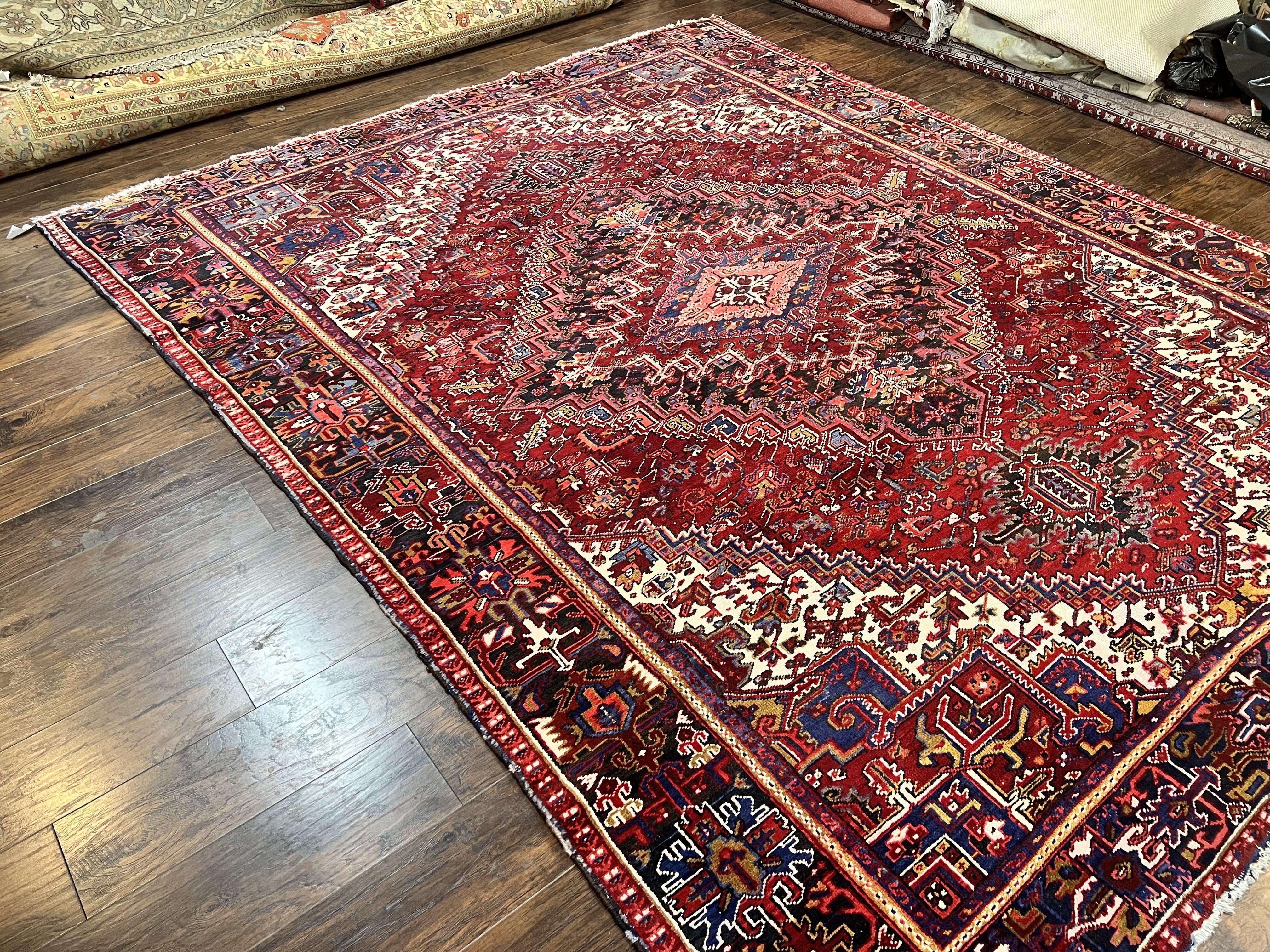 Persian Heriz Rug 9x11 ft, Geometric Rug 9 x 11, Red Room Sized Semi Antique Vintage Wool Hand Knotted Oriental Carpet - Jewel Rugs